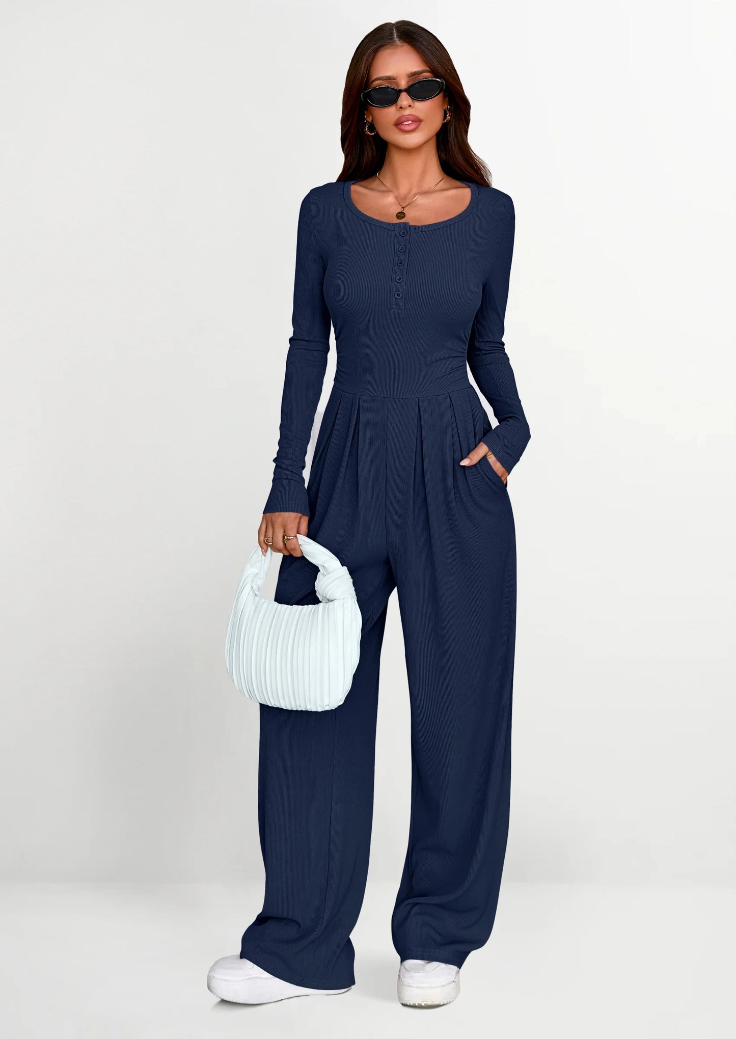 Jumpsuits for Women Dressy Casual Fall One Piece Outfits Long Sleeve Crew Neck Wide Leg Pants Rompers