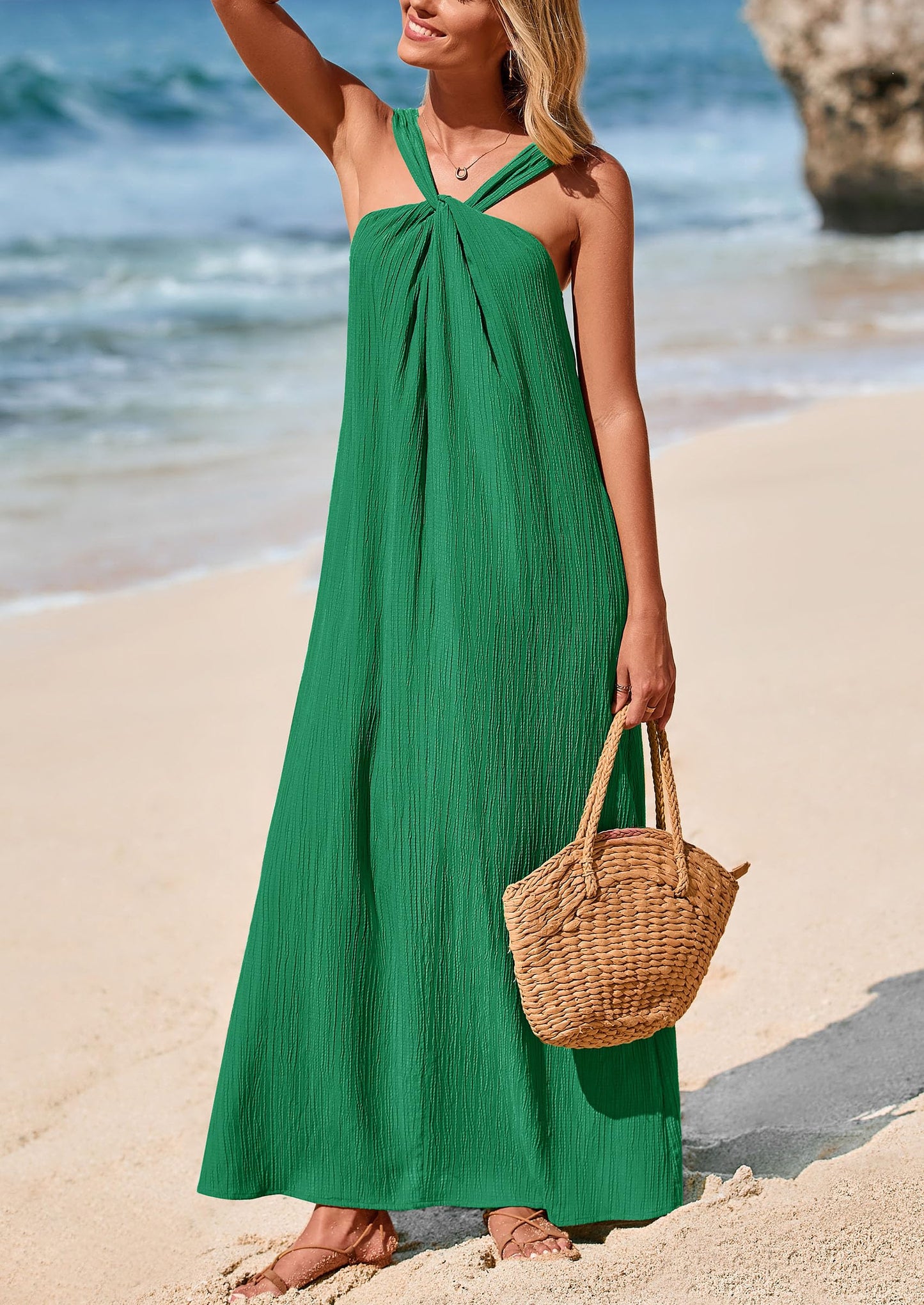 Womens Casual Long Summer Dresses Sleeveless Strappy Loose Flowy Beach Vacation Maxi Dress with Pockets