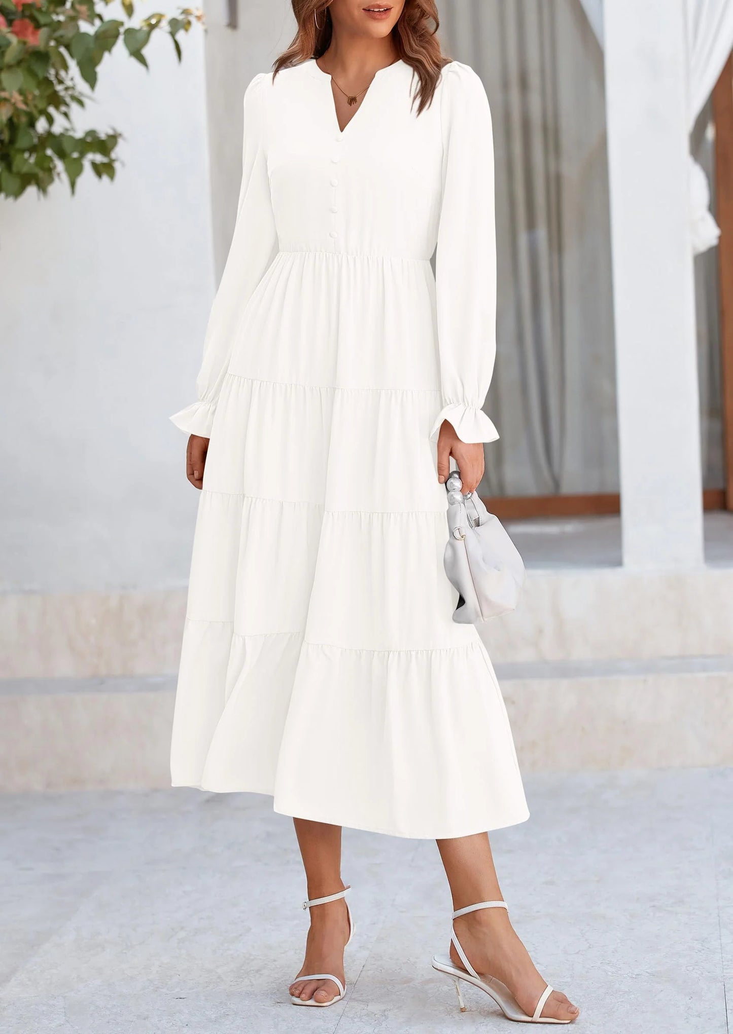 Women Fall Long Sleeve Smocked Maxi Dress Casual Square Neck Swiss Dot Tiered Ruffle Flowy Spring Pocket Dresses