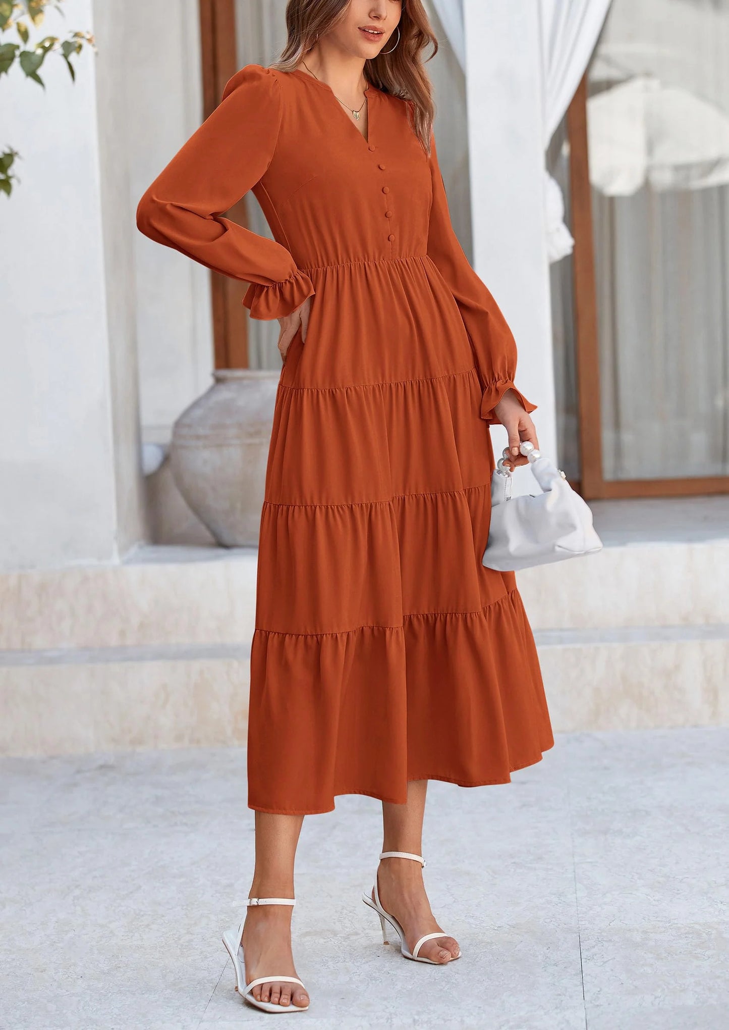 Women Fall Long Sleeve Smocked Maxi Dress Casual Square Neck Swiss Dot Tiered Ruffle Flowy Spring Pocket Dresses