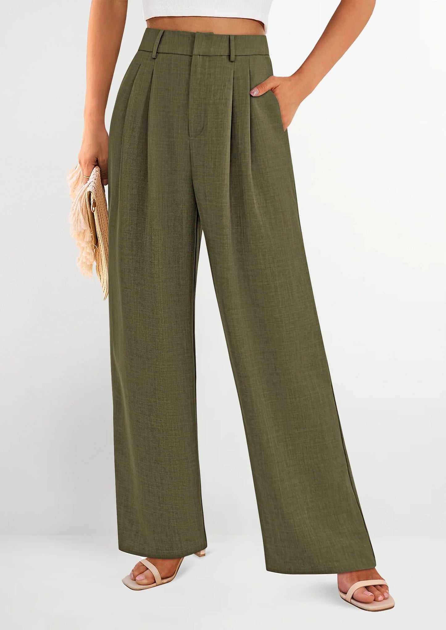 Women's Summer Elastic High Waisted Work Pants Straight Leg Dressy Business Casual Trousers Slacks Pockets