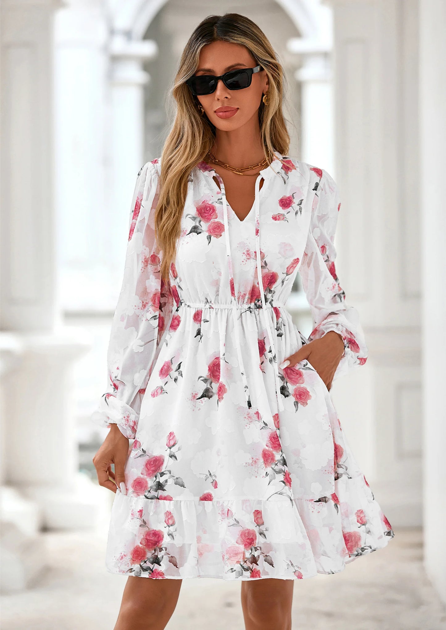 Women's Fall Boho Dresses Floral Long Sleeve V Neck Mini Flowy Wedding Guest Dress Trendy Vacation Outfits