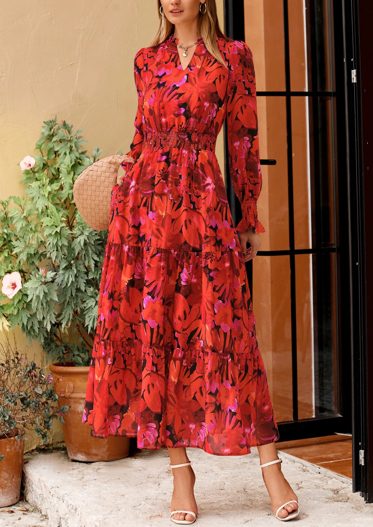 Women's Floral Maxi Dress Spring Long Sleeve V Neck Casual A Line Long Flowy Boho Party Dresses