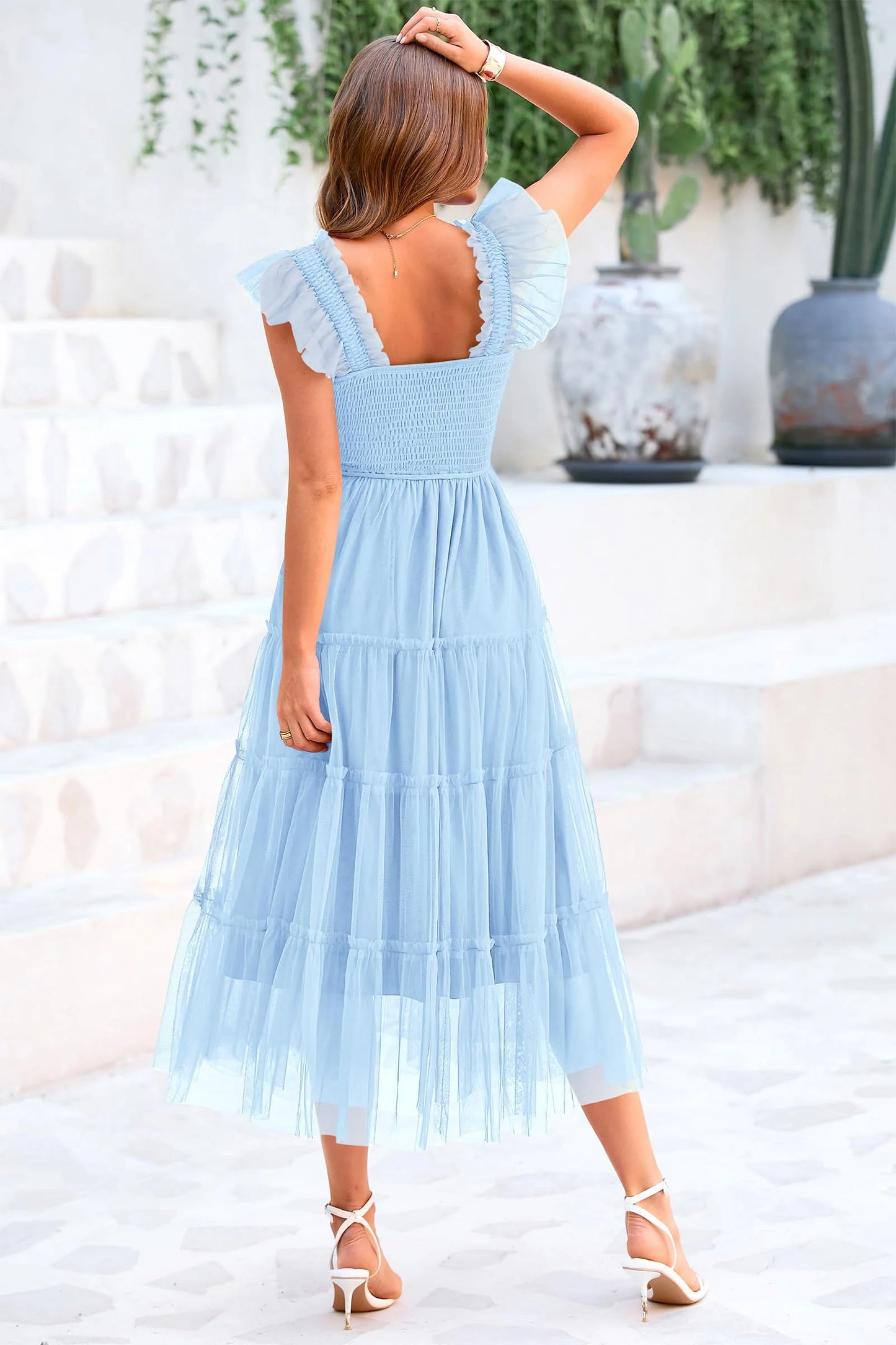 Women's Tulle Midi Dress Sleeveless Smocked Ruffle Mesh Flowy Dresses Party Wedding Guest Sundress