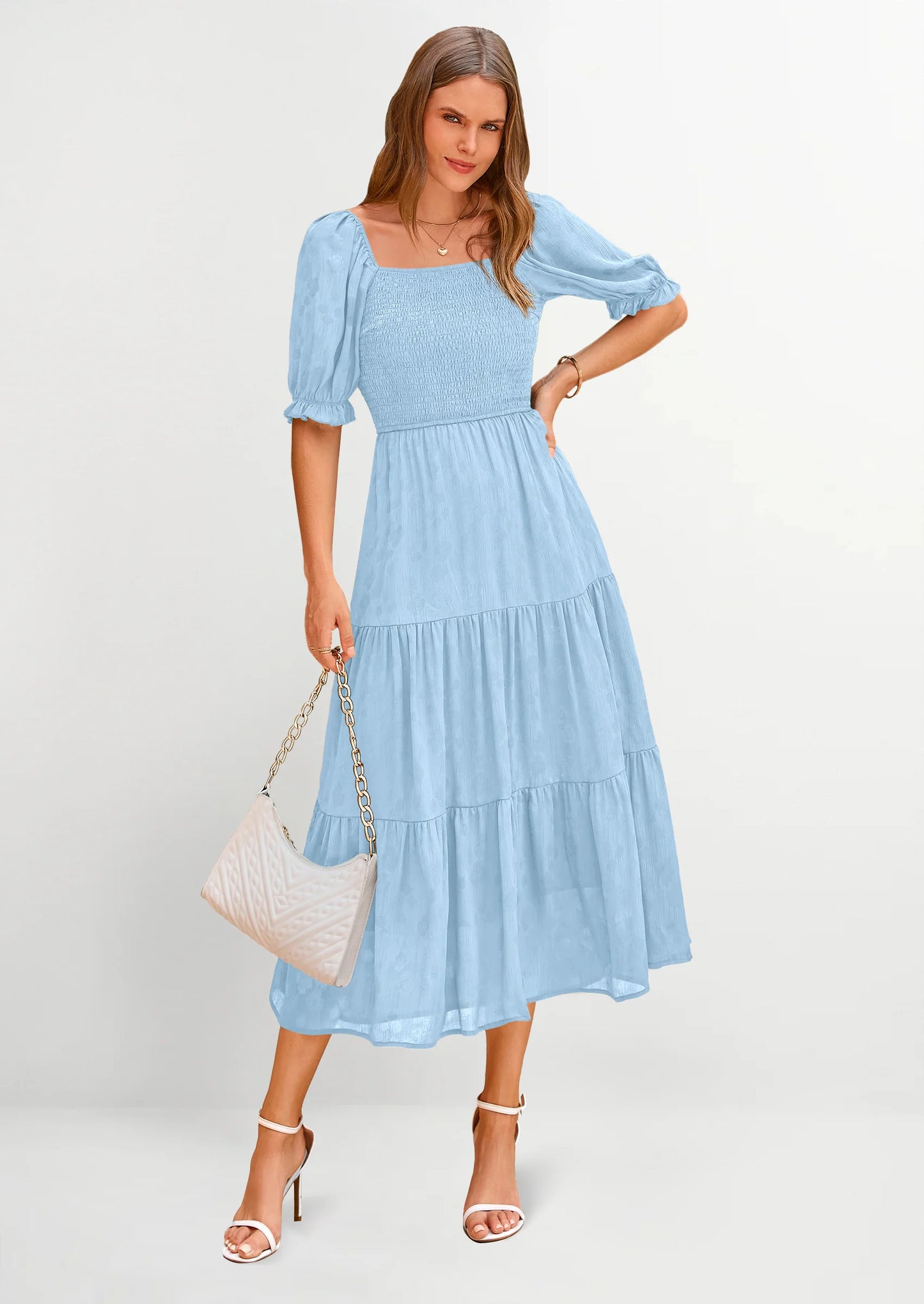 Women's Casual Midi Dresses Square Neck Short Sleeve Smocked A Line Floral Flowy Elegant Boho Dress