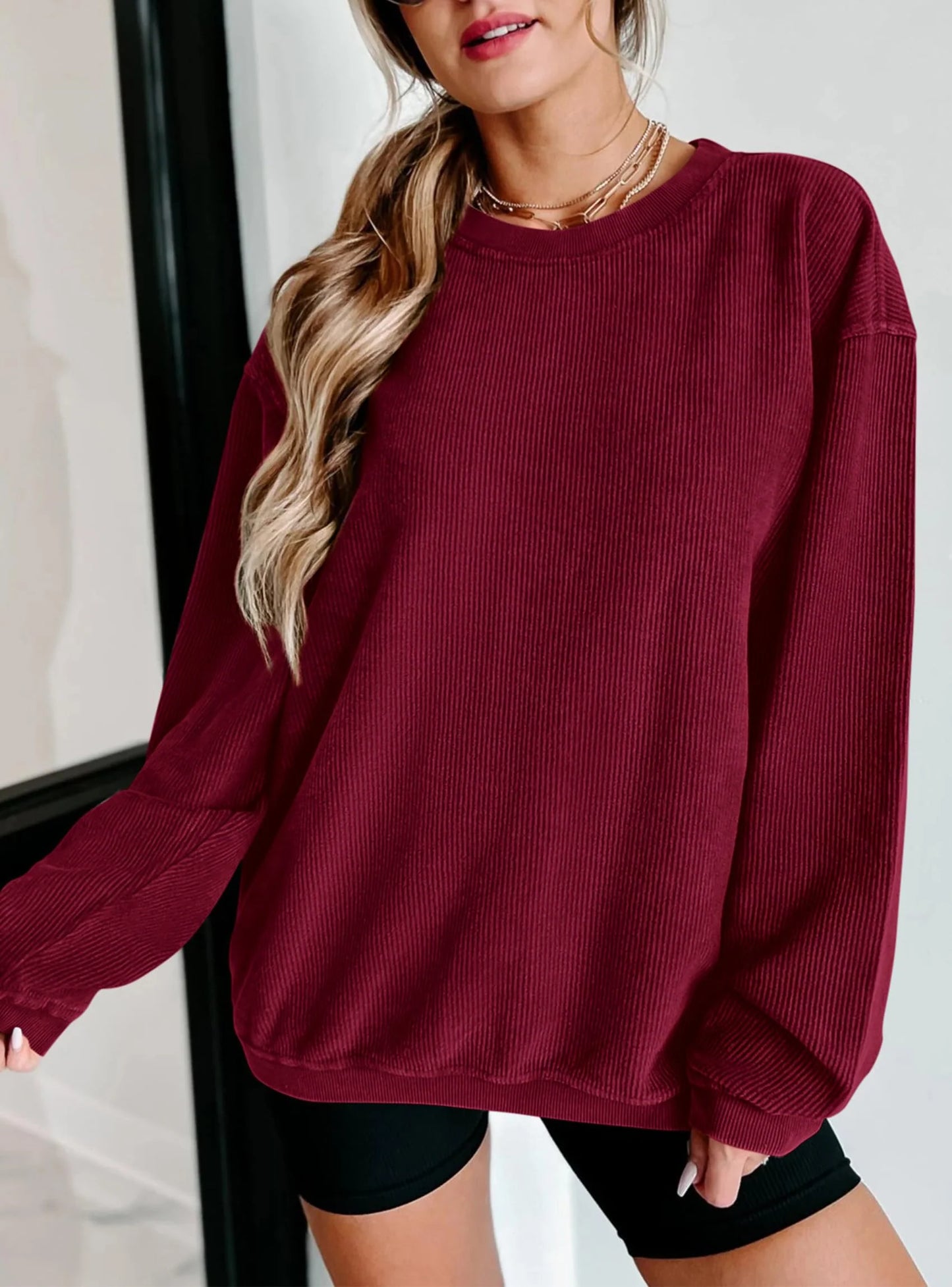 Women's Oversized Sweatshirt 2025 Fall Fashion Clothes Ribbed Corduroy Long Sleeve Going Out Pullover Tops