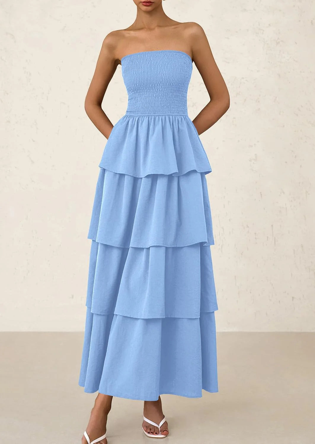 Maxi Dresses for Women Off Shoulder Smocked Tiered Ruffle Long Flowy Wedding Guest Dress