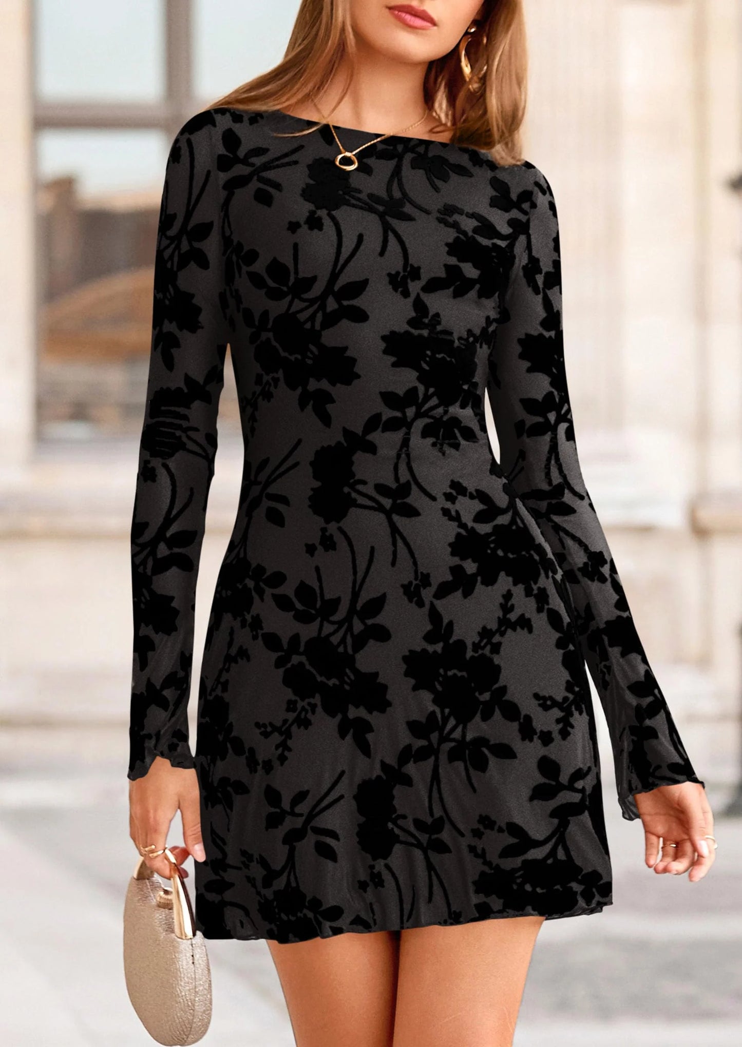 Women's Fall Fashion Floral Long Sleeve Mini Dress Mesh Bodycon Short Party Date Night Going Out Dresses