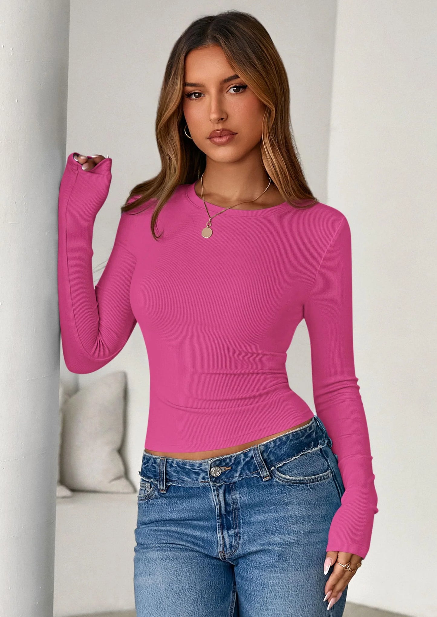 Womens Summer Fall Long Sleeve Shirts Ribbed Knit Fitted Basic Tee Going Out Tops Underscrub Casual Outfits