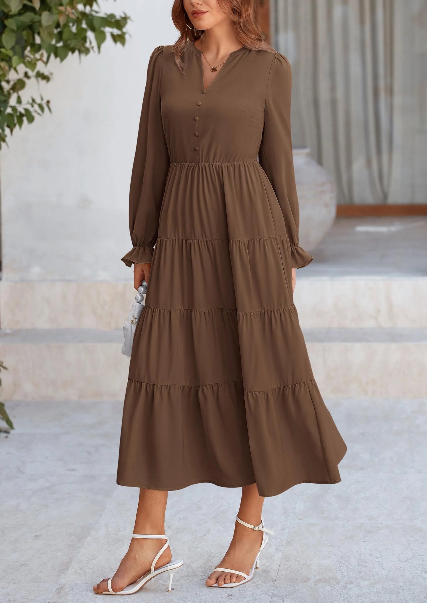 Women Fall Long Sleeve Smocked Maxi Dress Casual Square Neck Swiss Dot Tiered Ruffle Flowy Spring Pocket Dresses
