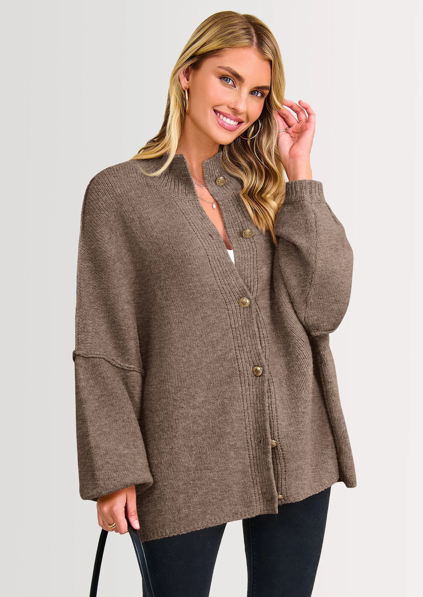 Women's Winter Button Down Cardigan Sweaters Mock Neck Lantern Long Sleeve Chunky Knit Jacket Trendy Outerwear