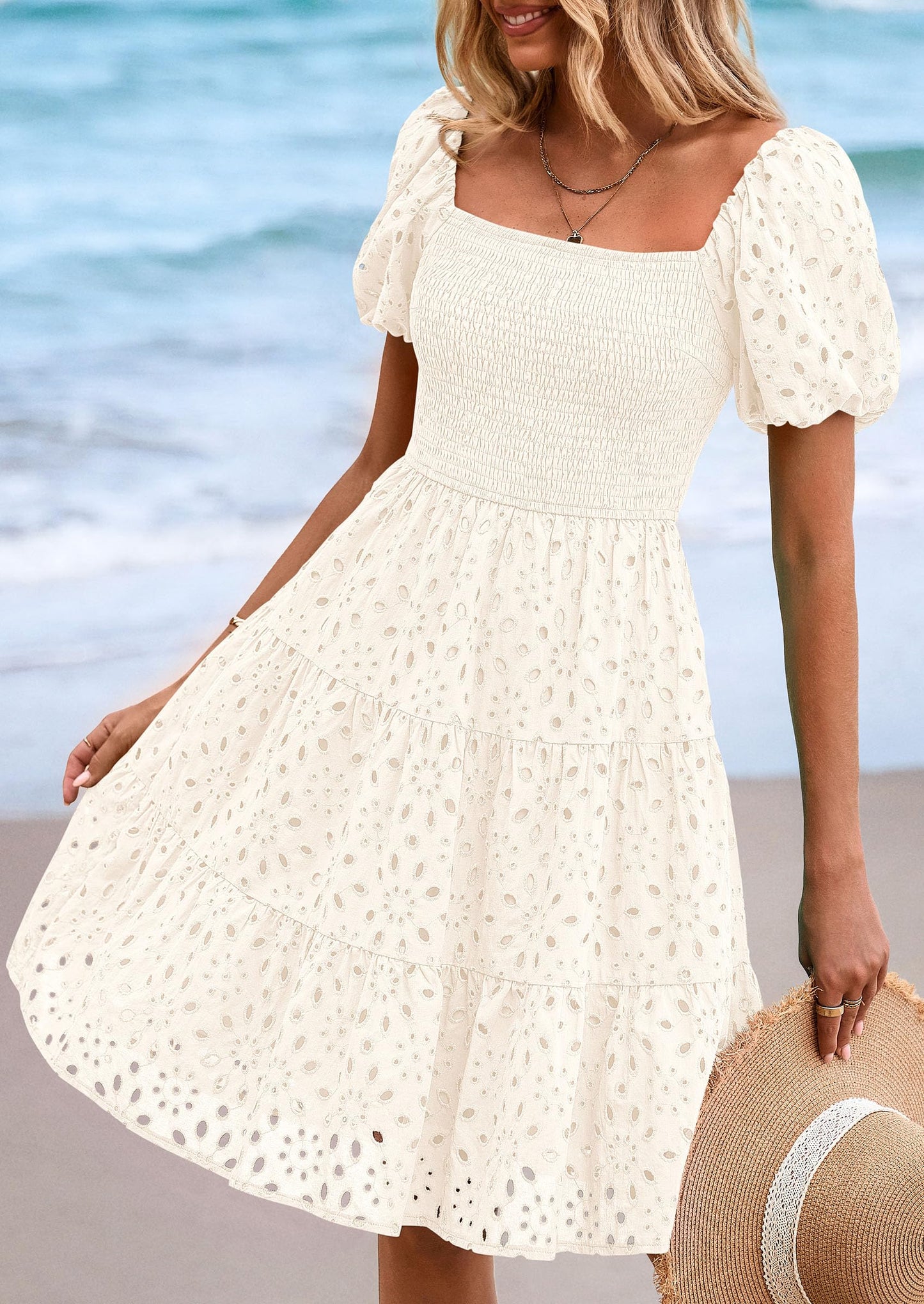 Womens Summer Puff Sleeve Mini Dress Off Shoulder Eyelet Smocked A Line Casual Babydoll Short Dresses