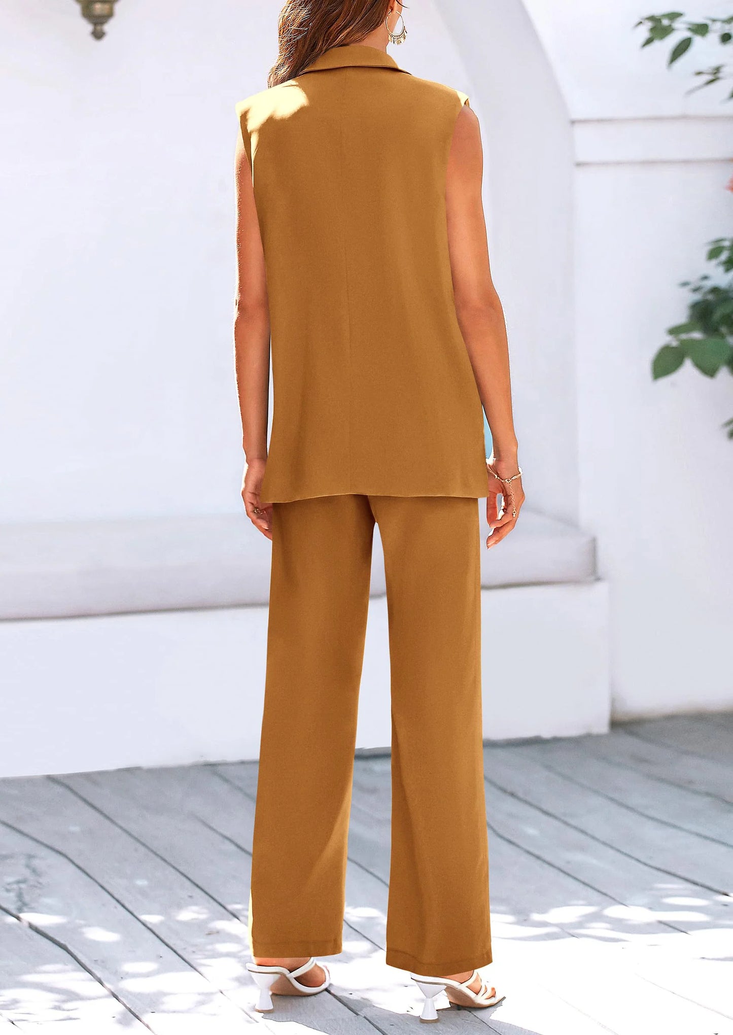 Women's 2 Piece Outfits Sleeveless Suit Vest and Wide Leg Pants Business Casual Blazer Sets