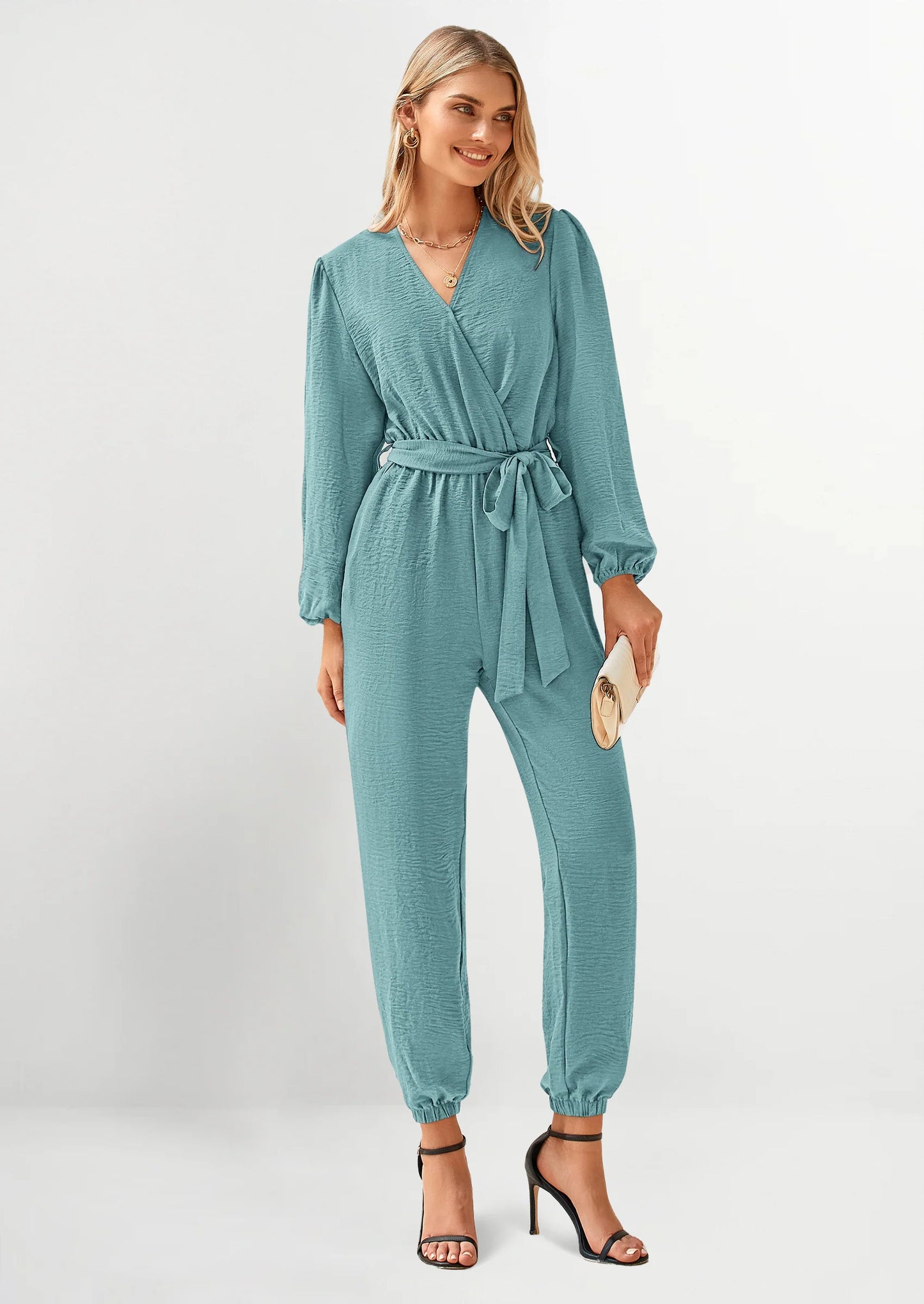 Women's Fall Jumpsuits Dressy Casual Pants Romper Spring Long Sleeve V Neck Belt Pockets One Piece Outfits