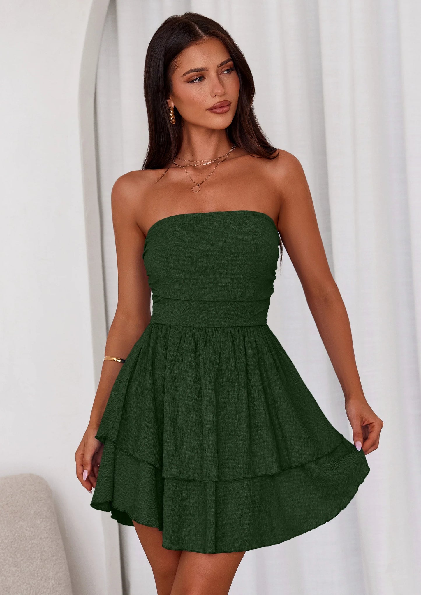 Women's Summer Strapless Tube Mini Dress Off Shoulder Smocked Ruffle A Line Flowy Short Party Club Dresses