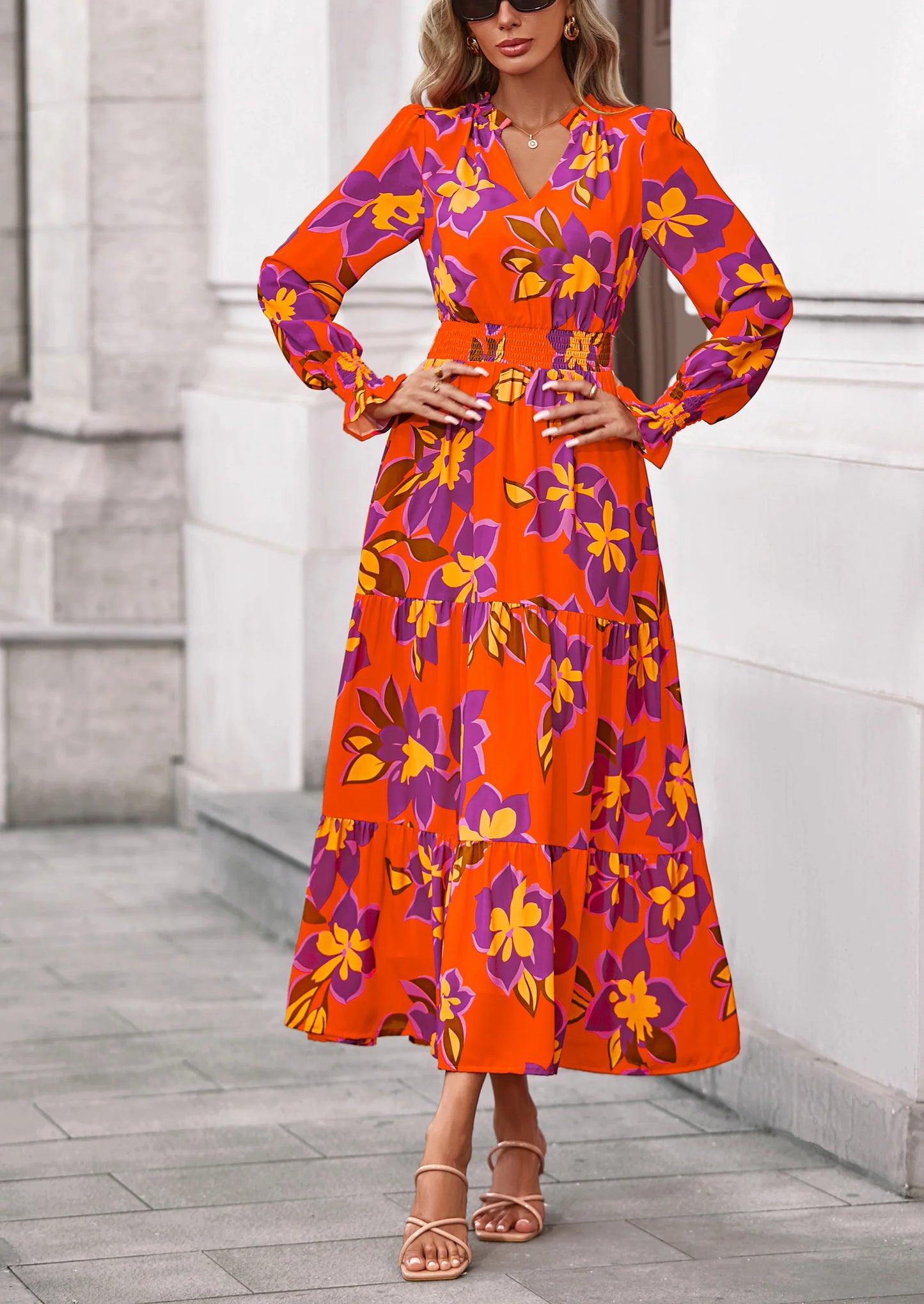 Women's Floral Maxi Dress Spring Long Sleeve V Neck Casual A Line Long Flowy Boho Party Dresses