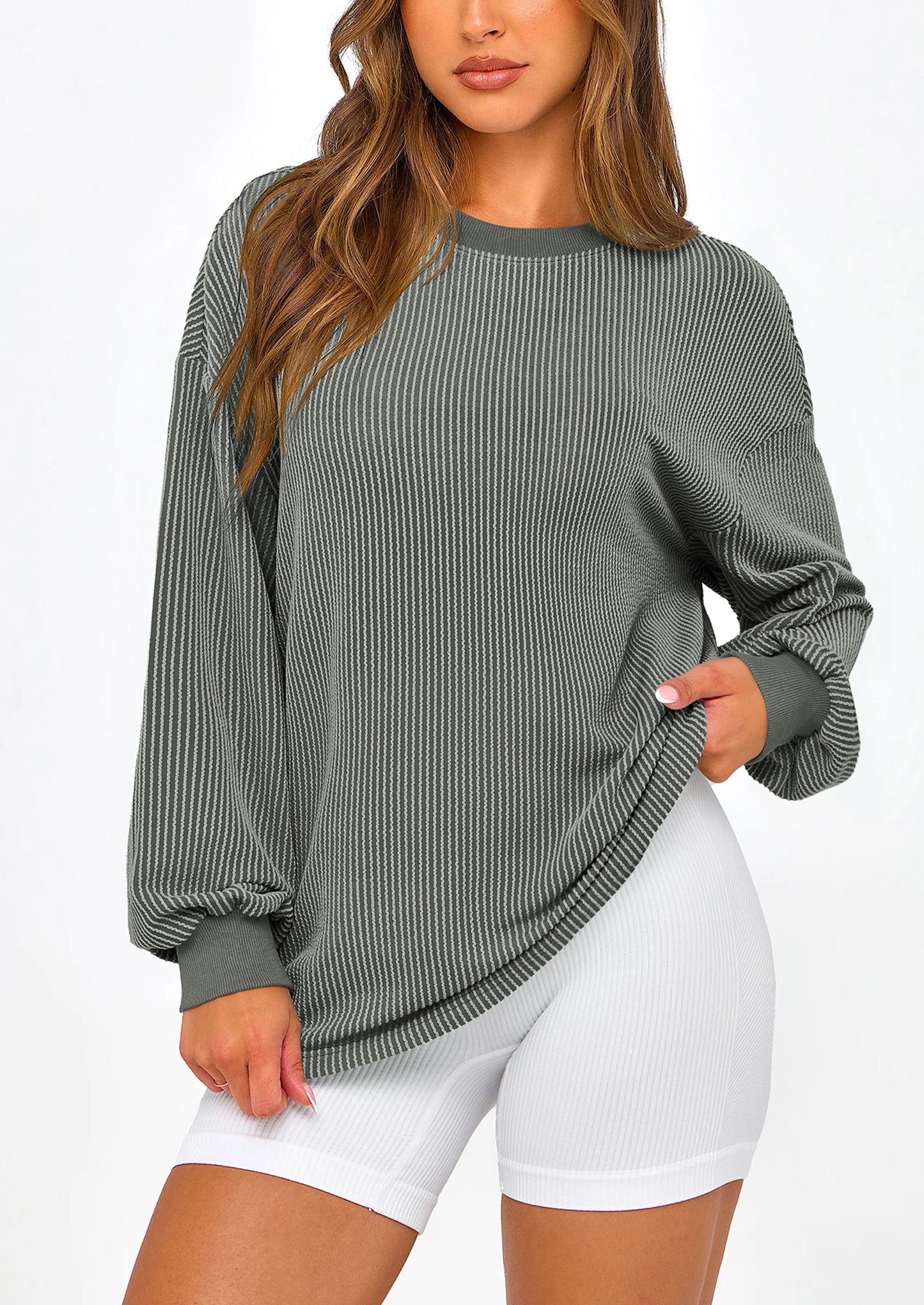 Women's Long Sleeve Tee Shirts Spring Fall Trendy Clothes Casual Loose Crewneck Ribbed Blouse Tunic Tops