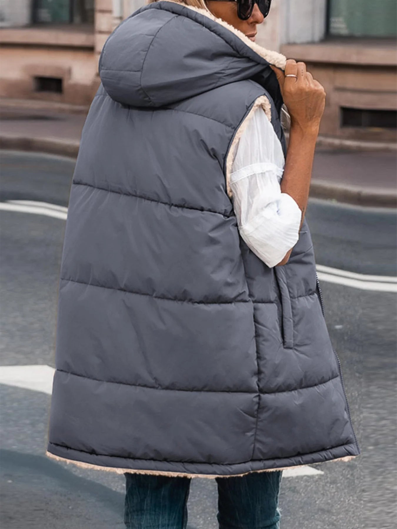 Womens Fall Reversible Vests Sleeveless Fleece Jacket Zip Up Hoodie Pockets Long Warm Winter Coat Outerwear