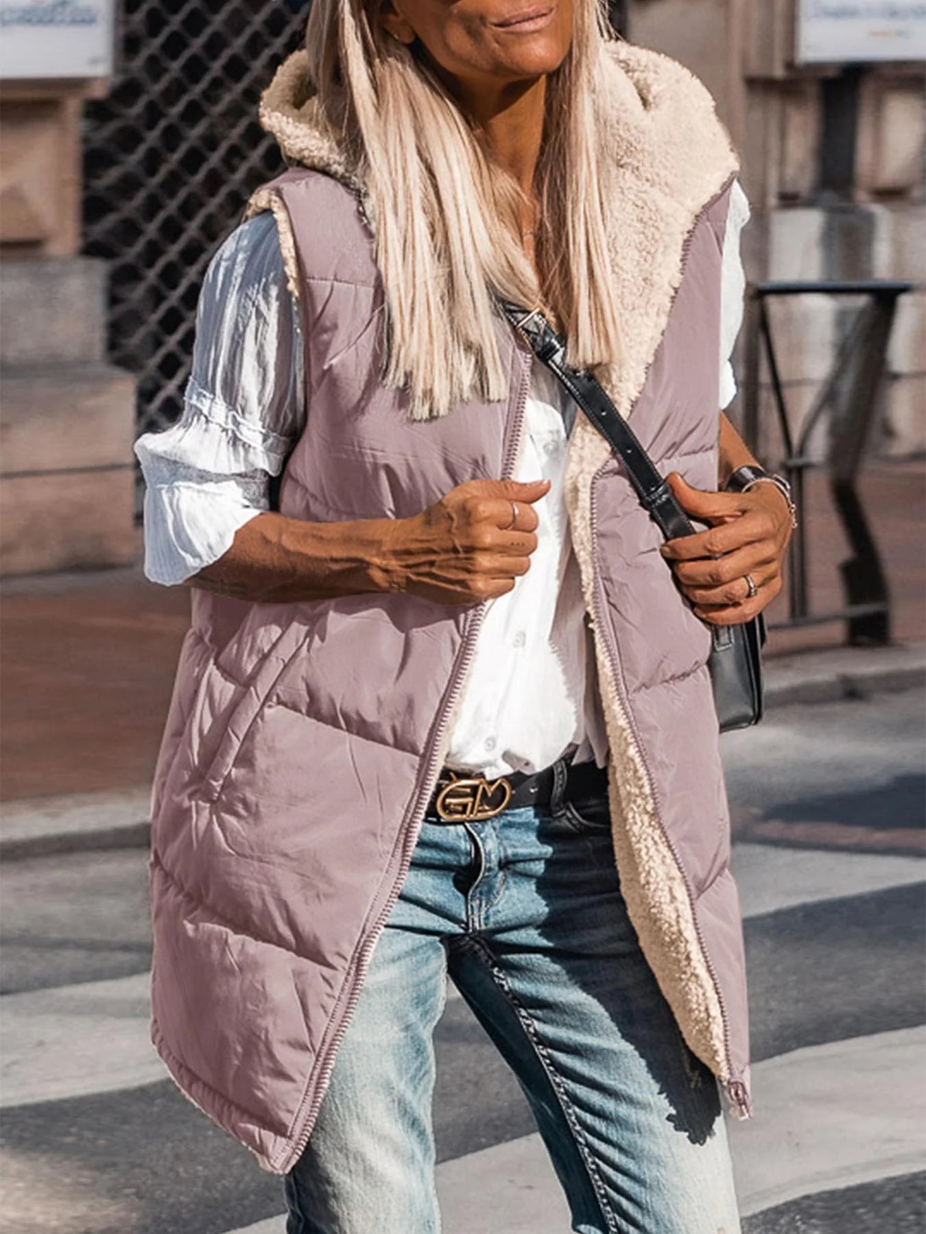 Womens Fall Reversible Vests Sleeveless Fleece Jacket Zip Up Hoodie Pockets Long Warm Winter Coat Outerwear