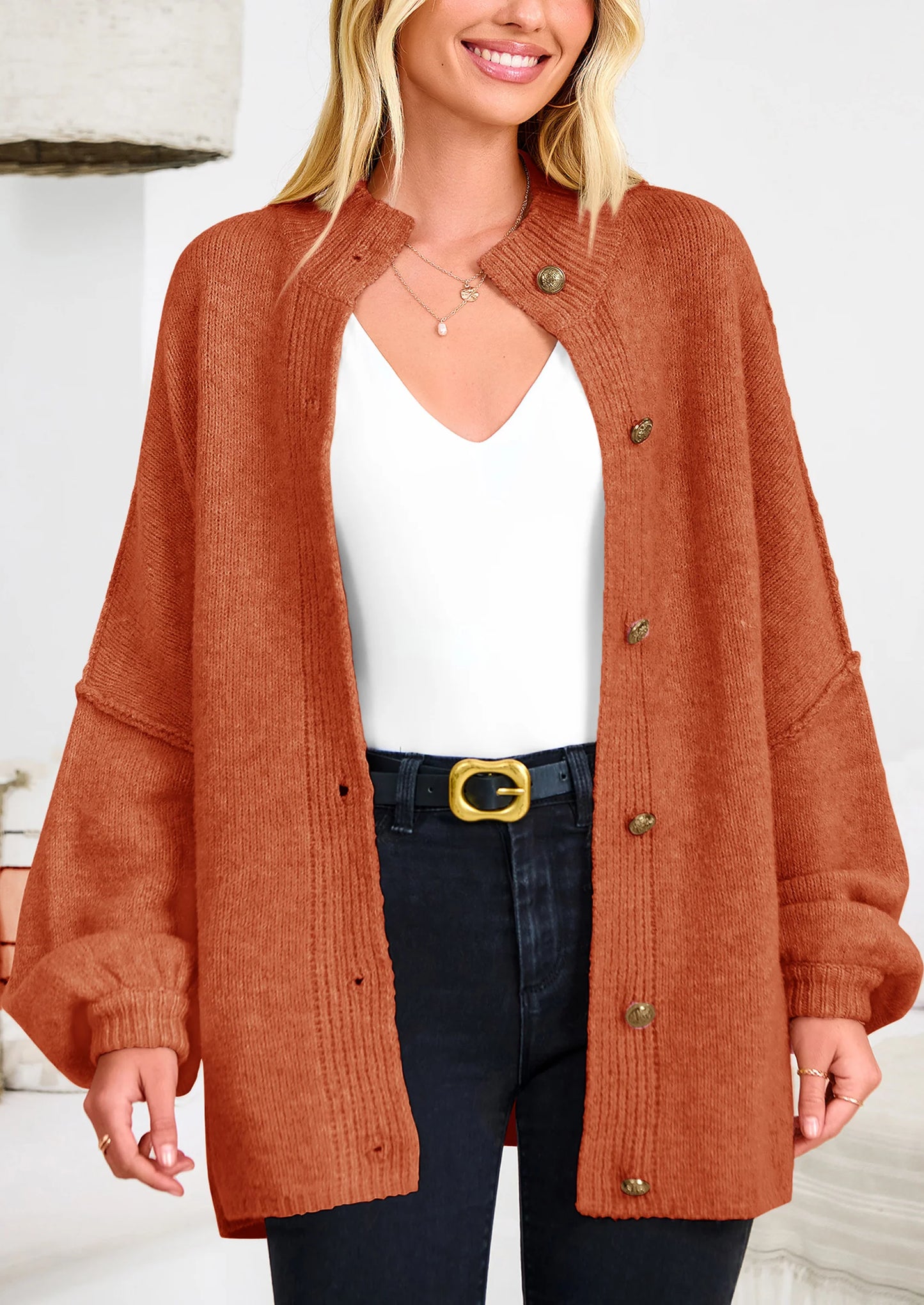 Women's Winter Button Down Cardigan Sweaters Mock Neck Lantern Long Sleeve Chunky Knit Jacket Trendy Outerwear