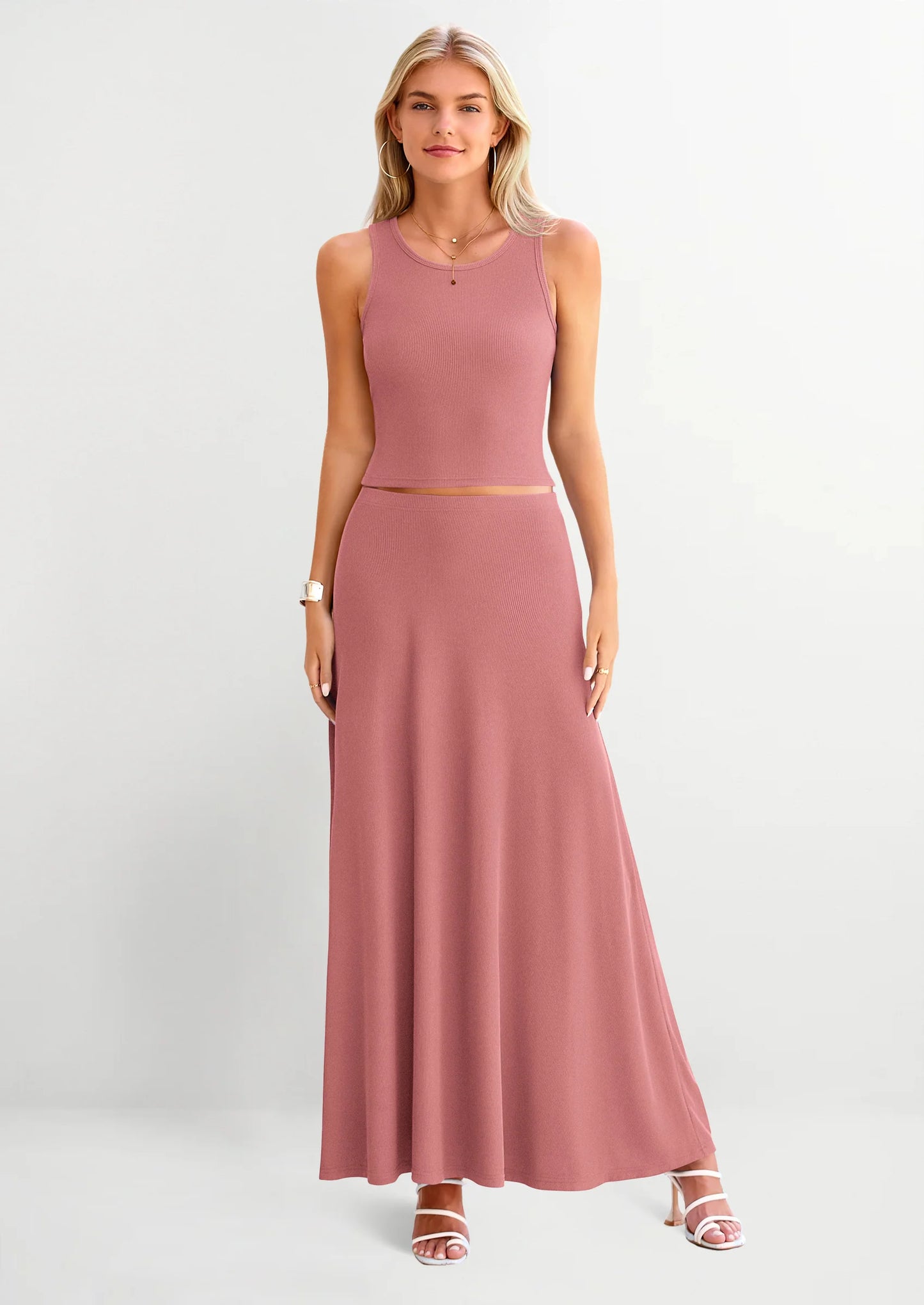 2 Piece Maxi Skirt Sets Casual Knit Cropped Tank Top High Waisted Long Skirts Outfit
