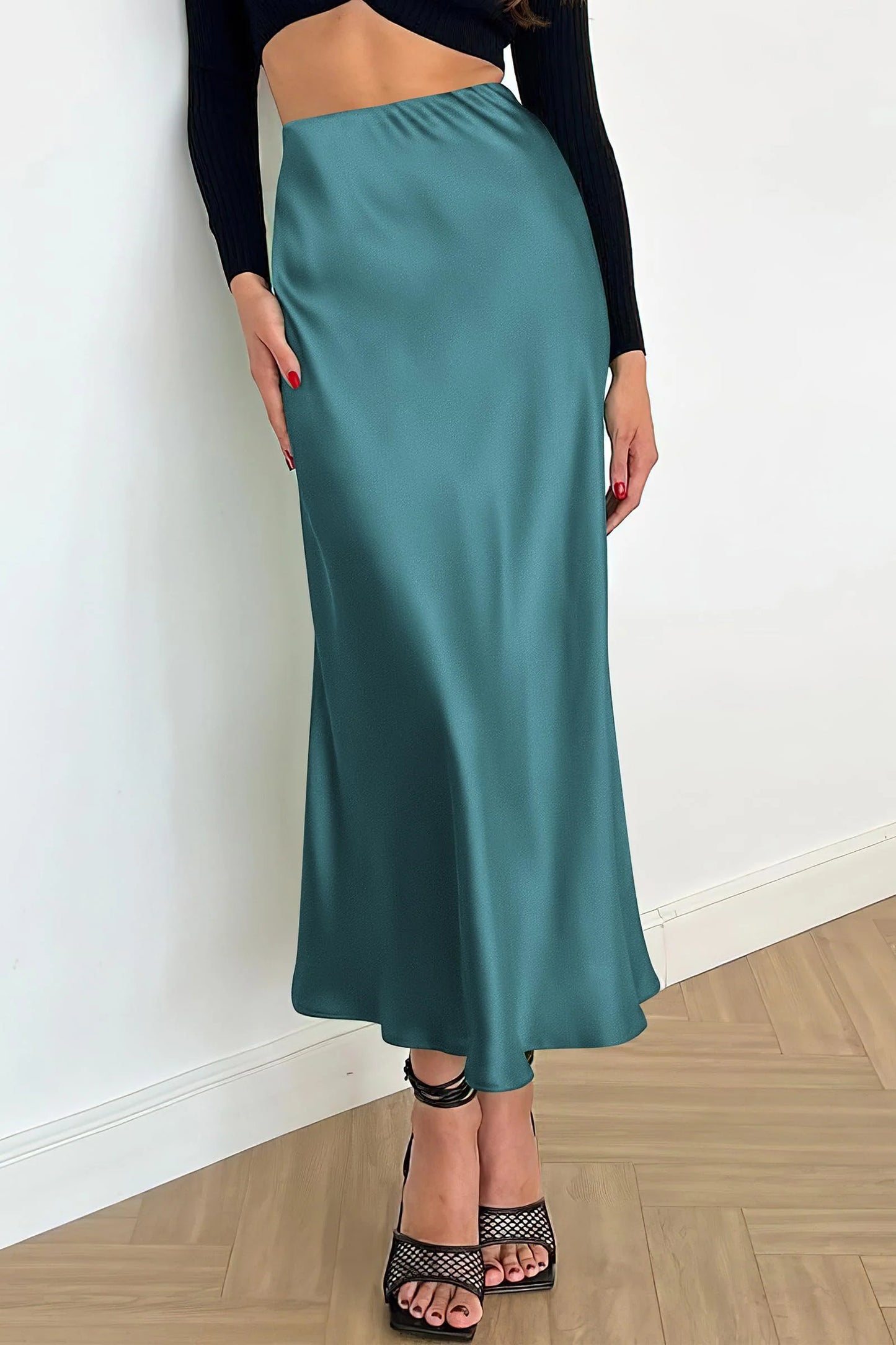 Women's Satin Skirts Dressy Casual Fall High Waisted Cocktail Wedding Flowy Elegant A Line Midi Skirt