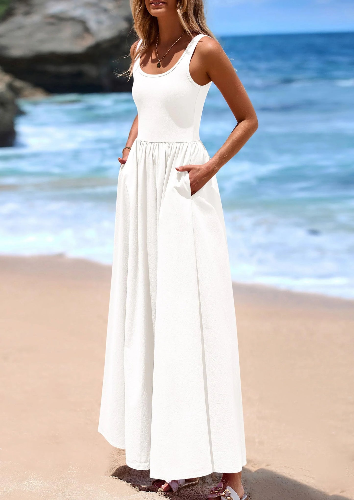 Womens Summer Casual Scoop Neck Sleeveless Long Dresses Tank Top Patchwork Aline Swing Maxi Dress with Pockets