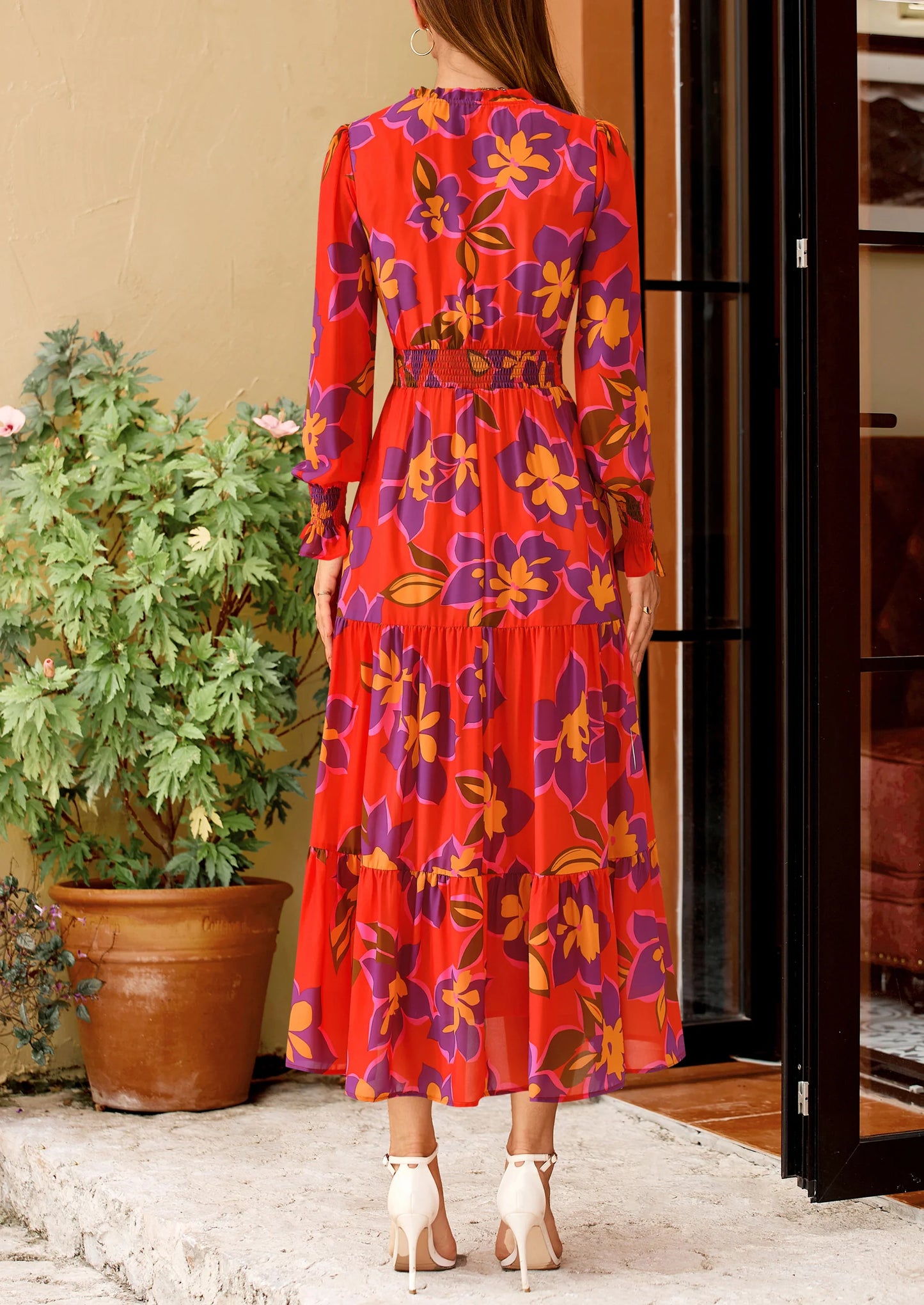 Women's Floral Maxi Dress Spring Long Sleeve V Neck Casual A Line Long Flowy Boho Party Dresses
