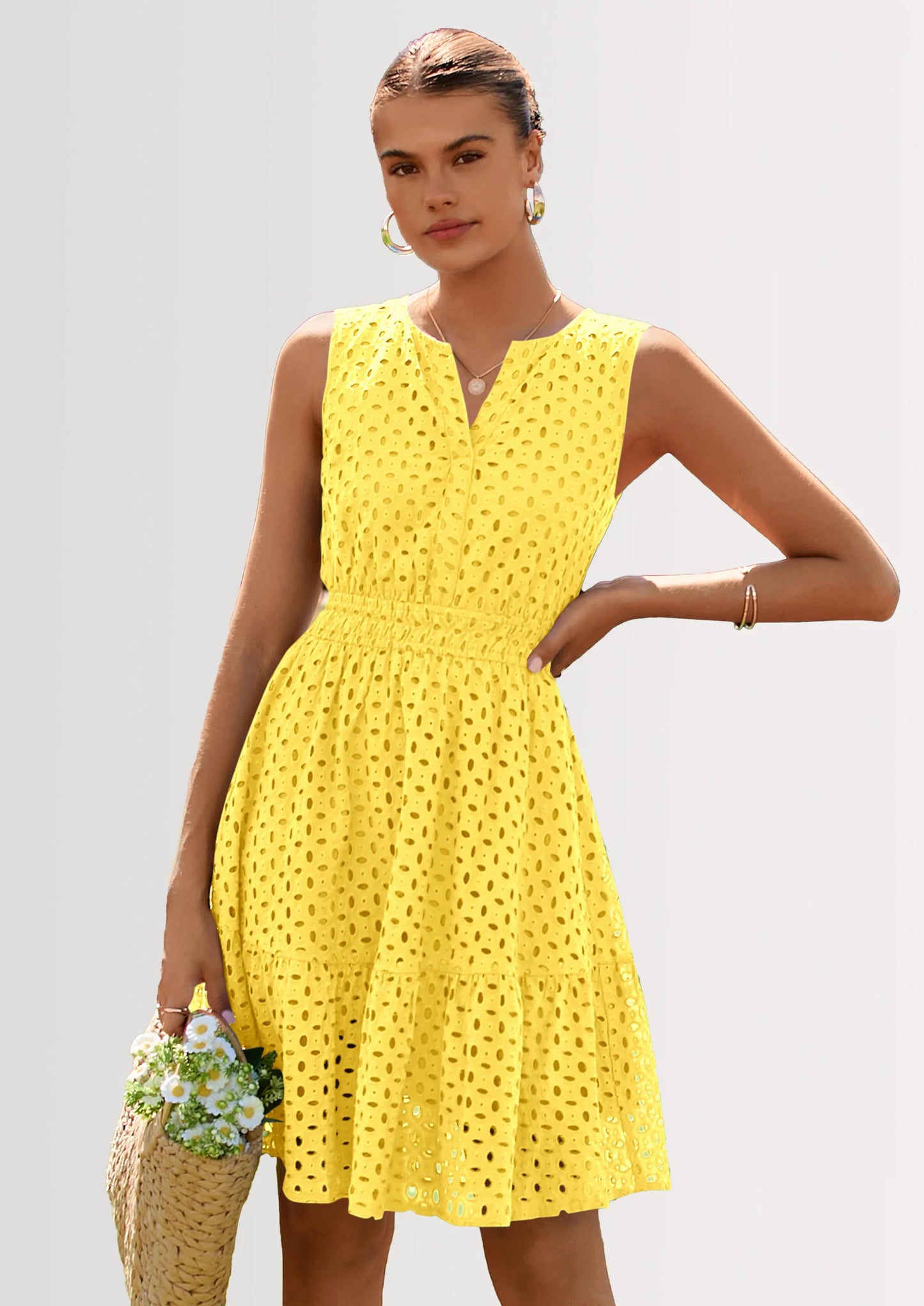 Women's Summer Dresses Sleeveless V Neck Eyelet Hollow Out Swing A Line Beach Vacation Sun Dress