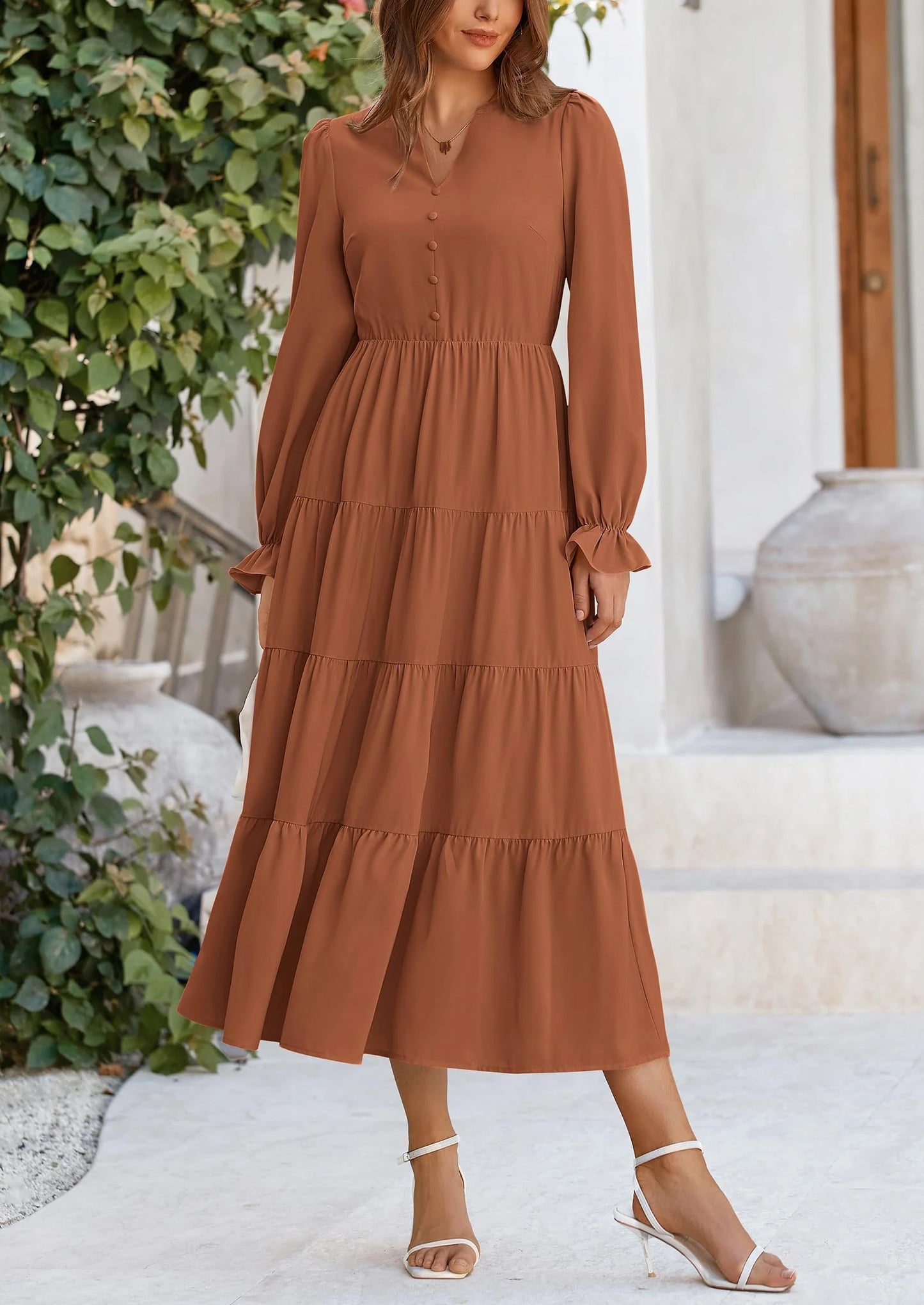 Women Fall Long Sleeve Smocked Maxi Dress Casual Square Neck Swiss Dot Tiered Ruffle Flowy Spring Pocket Dresses