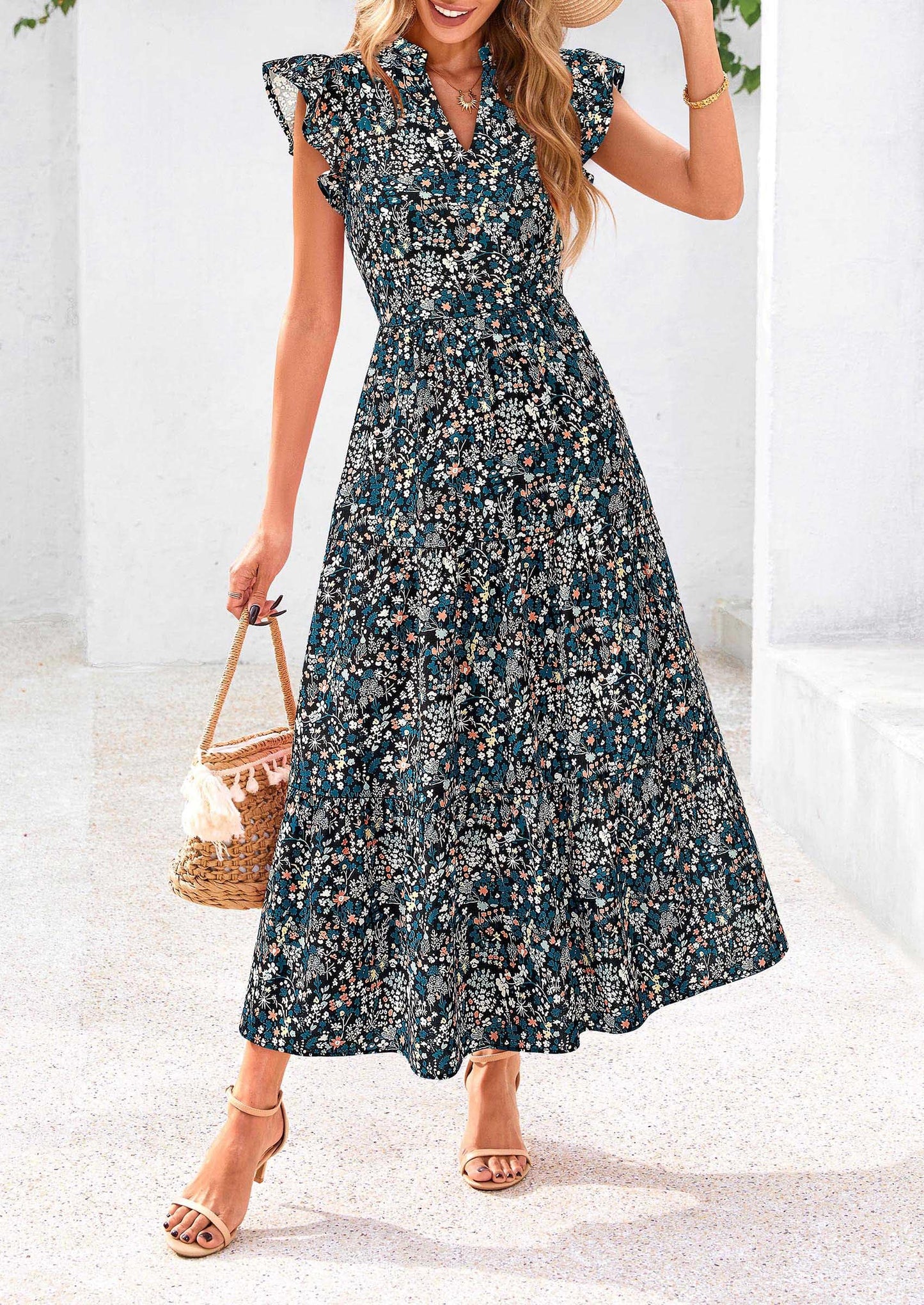 Women's Summer Floral Midi Dress Cap Sleeve V Neck Ruffle Long Flowy Boho Casual Beach Vacation Dresses