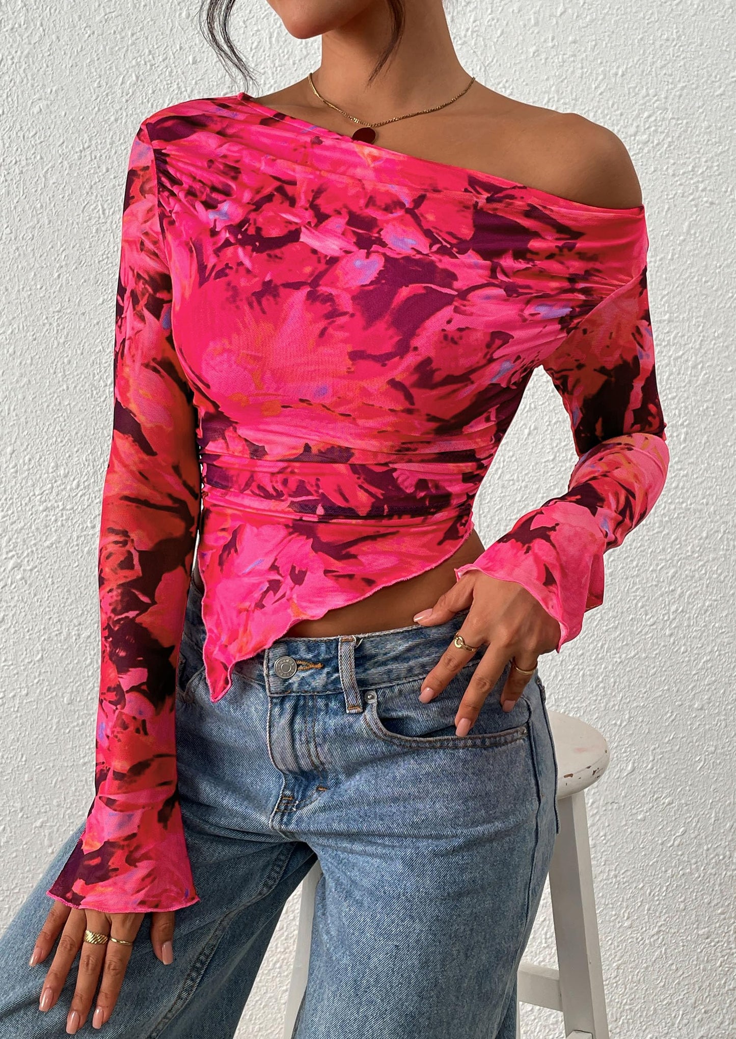 Womens Fall Trendy Off Shoulder Tops Tie Dye Mesh Long Sleeve Shirts Asymmetrical Ruched Floral Blouse