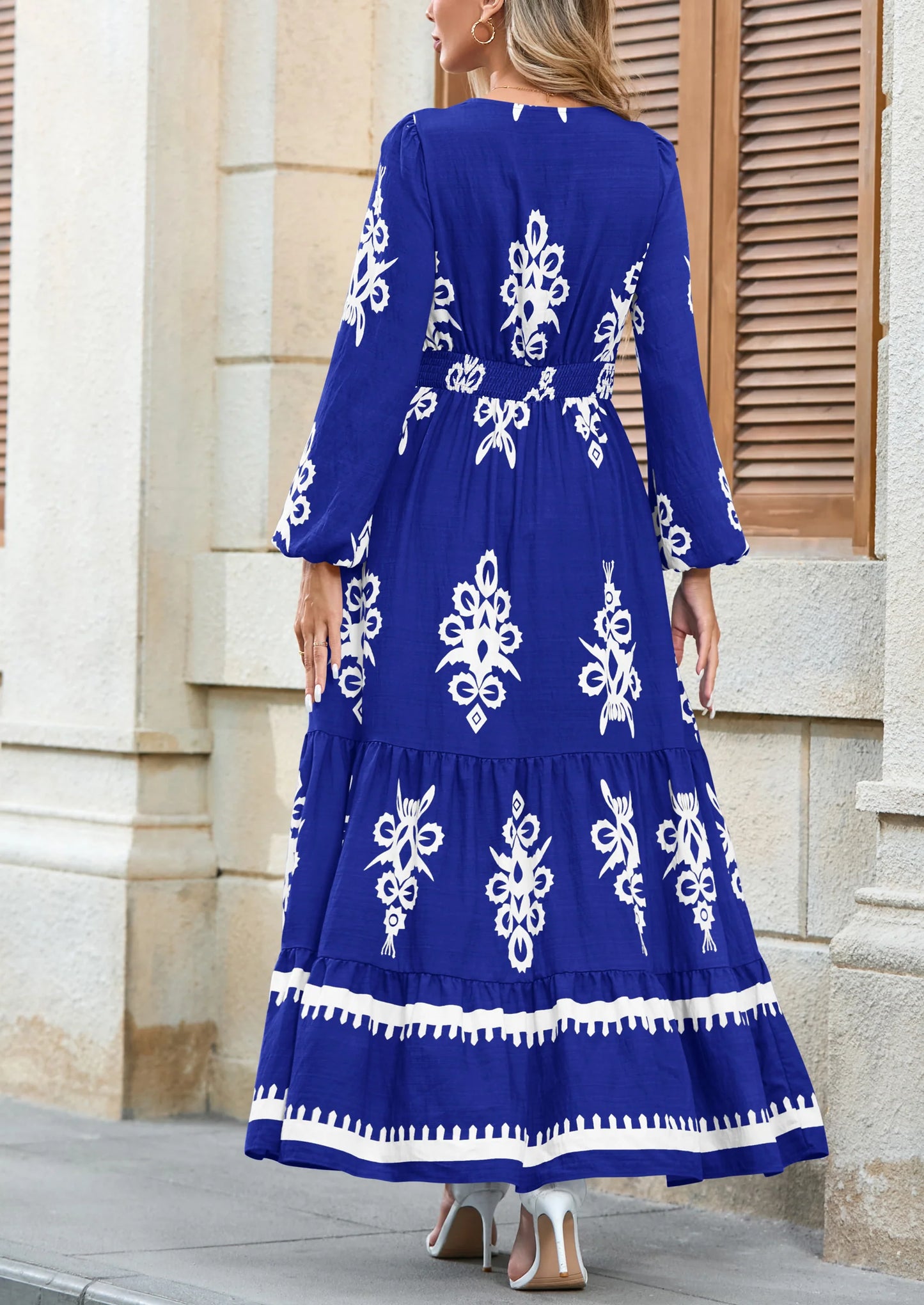 Women's Fall Wedding Guest Dresses Boho Floral Long Sleeve V Neck Flowy Elegant Maxi Dress Beach Clothes