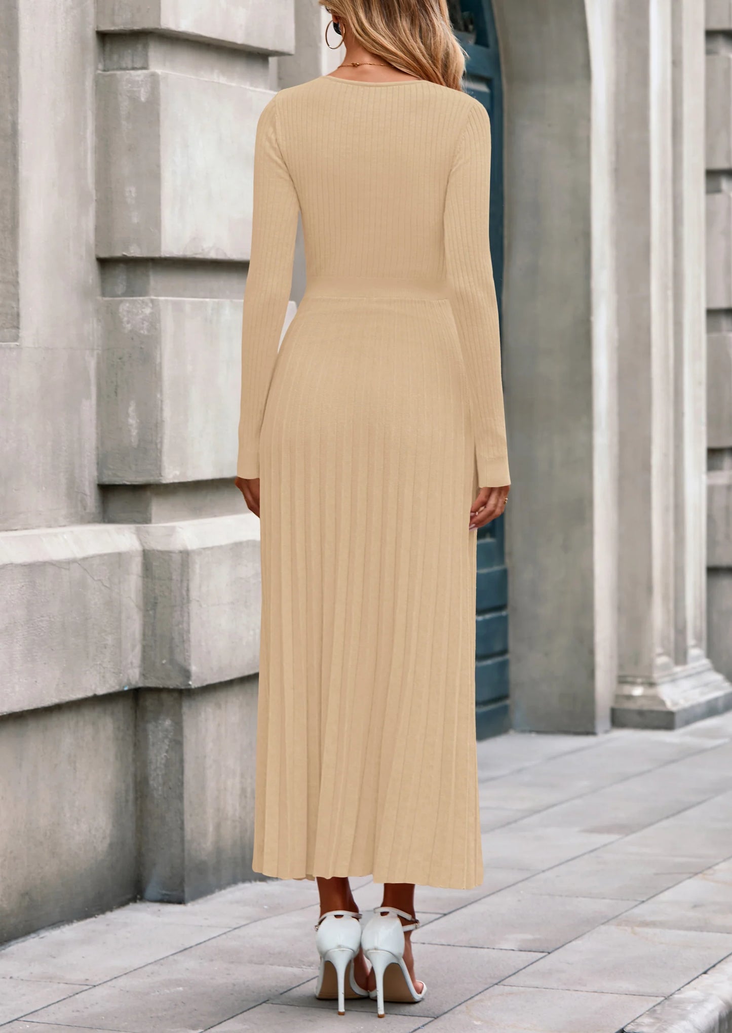 Women Sweater Dress Fall Fashion Long Sleeve V Neck Ribbed Knit Pleated A Line Elegant Maxi Winter Dresses
