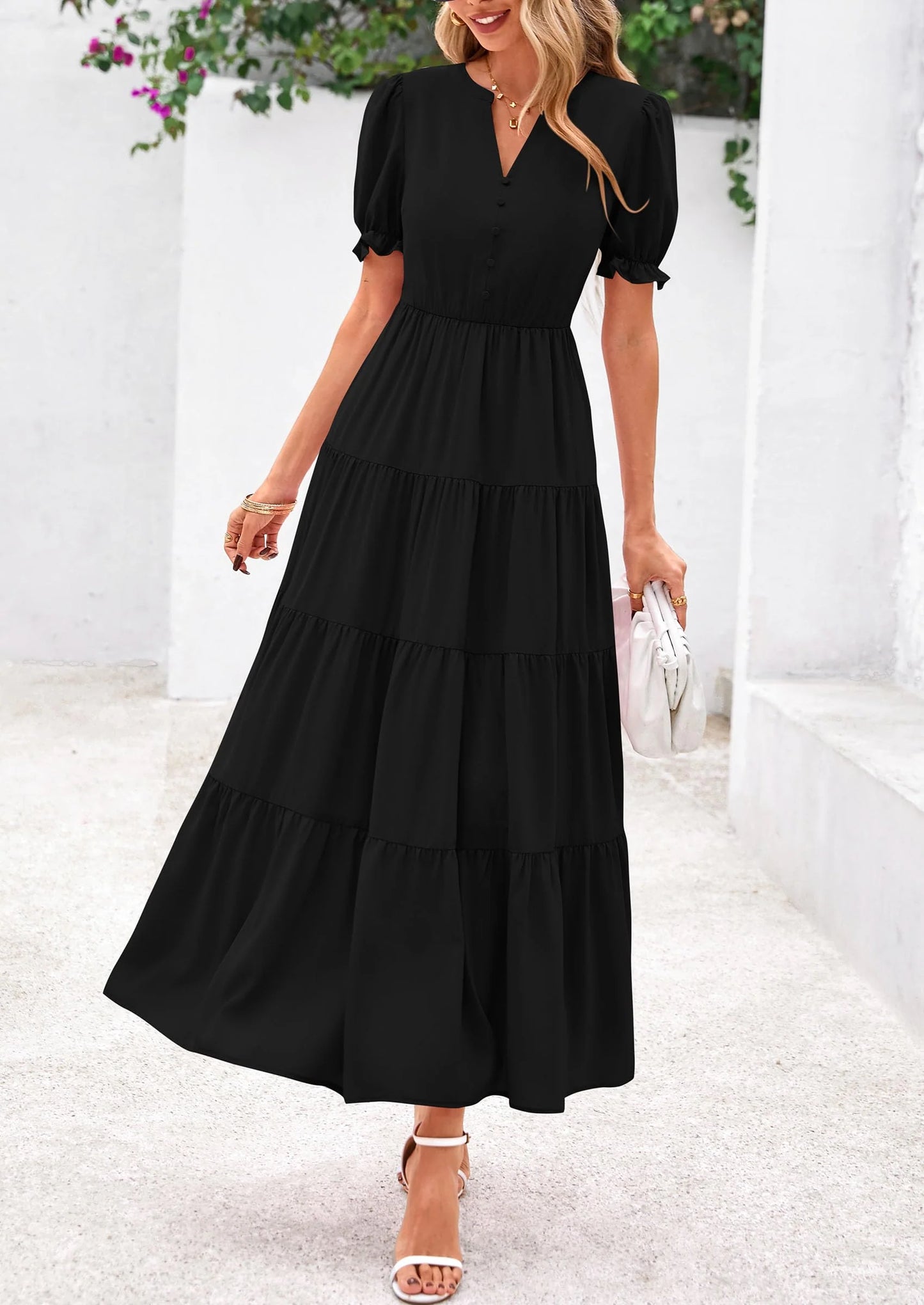 Women's Casual Short Sleeve V Neck Midi Dresses Spring A-line Tiered Wedding Guest Dress