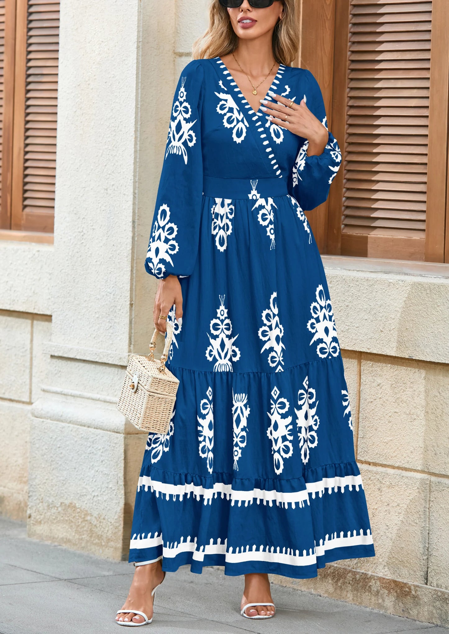 Women's Fall Wedding Guest Dresses Boho Floral Long Sleeve V Neck Flowy Elegant Maxi Dress Beach Clothes