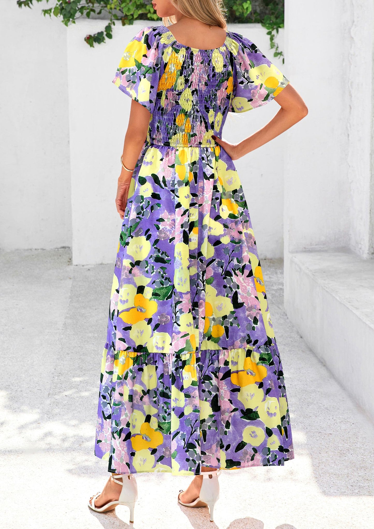 Women Floral Boho Maxi Dresses Short Sleeve V Neck Smocked A Line Long Flowy Beach Vacation Dress