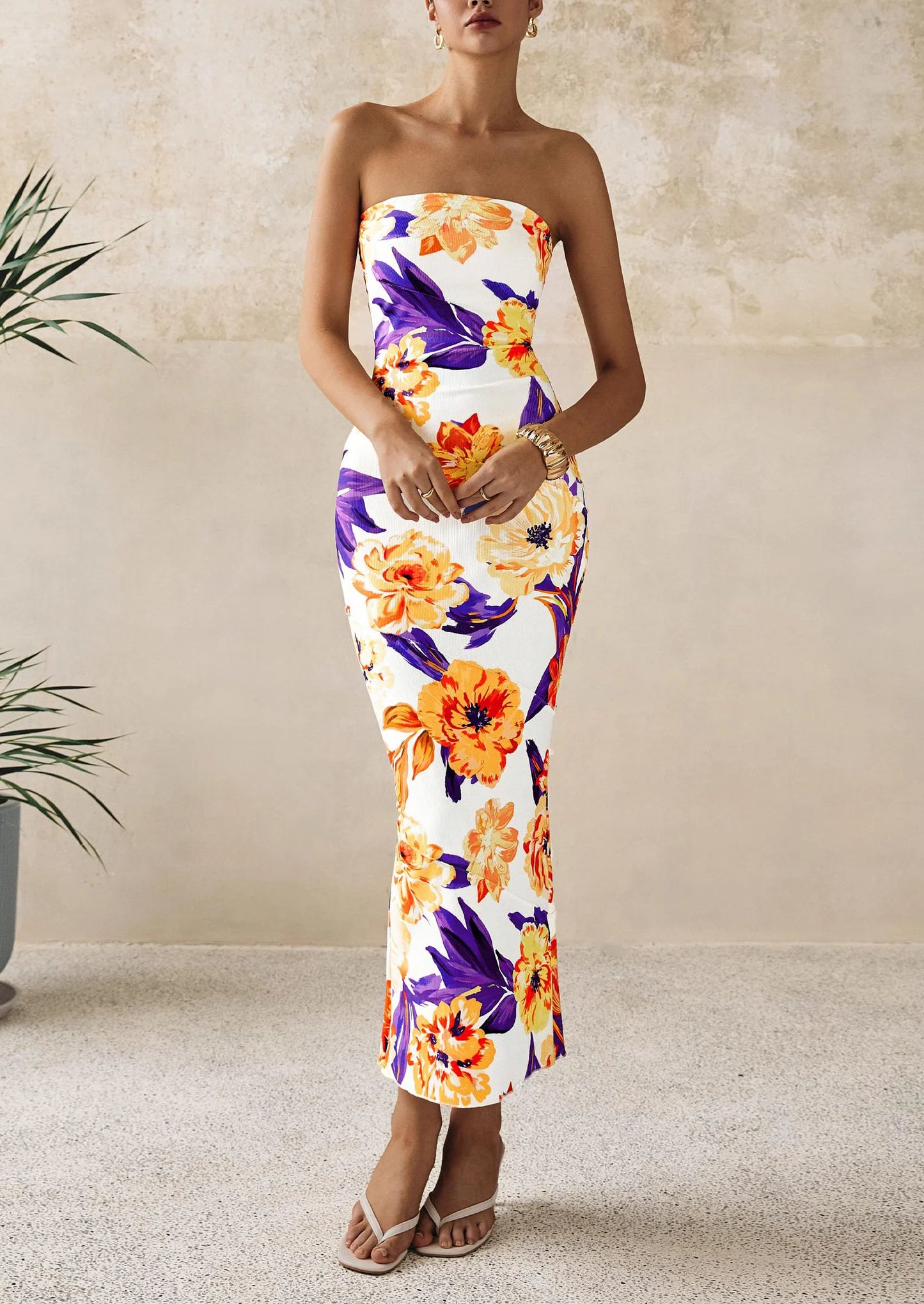 Women's Floral Bodycon Maxi Dresses Ribbed Strapless Tube Casual Boho Party Long Dress