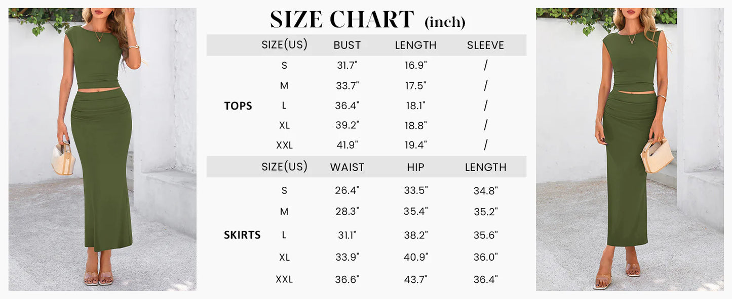 Summer 2 Piece Sets for Women Going Out Casual Cap Sleeve Crop Tops Ruched Maxi Long Skirts Spring Outfits