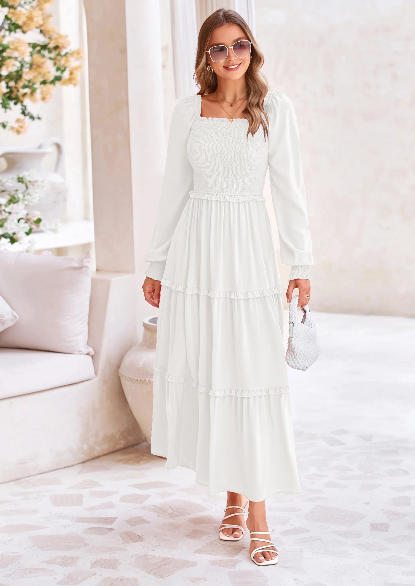 Fall Wedding Guest Dresses for Women Long Sleeve Square Neck Tiered A Line Modest Elegant Flowy Dresses