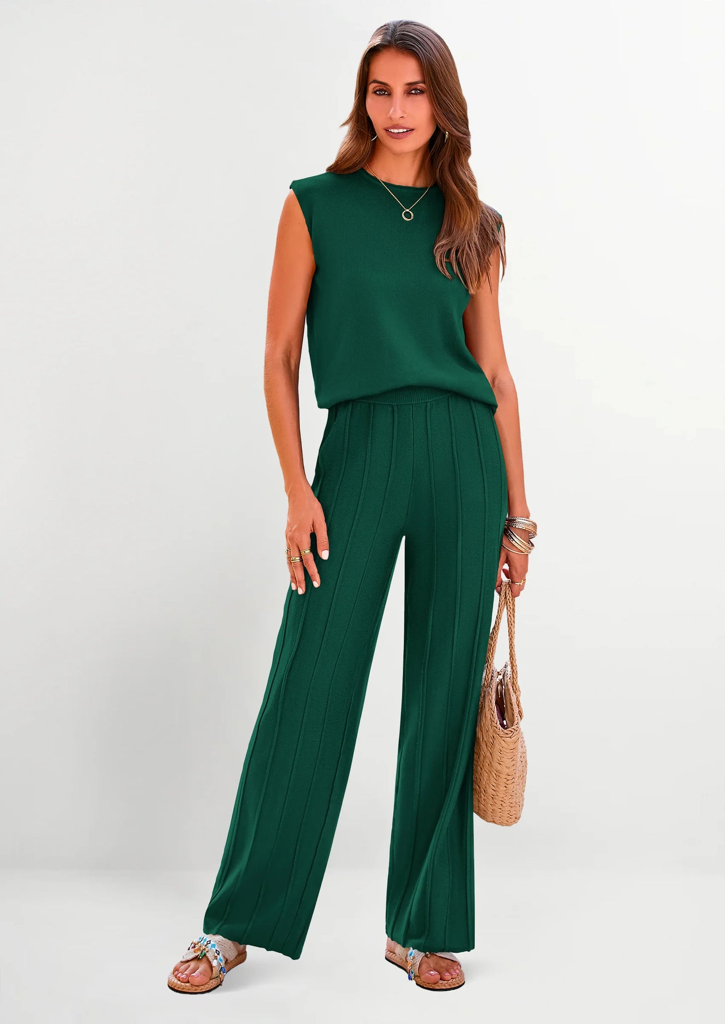 Women's 2 Piece Outfits Knit Loungewear High Low Pullover Tops and Wide Leg Pants Casual Sweater Sets Tracksuits