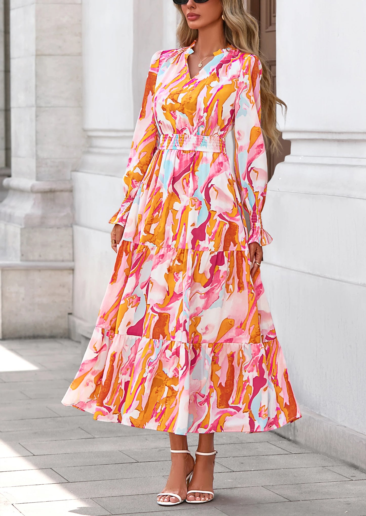 Women's Floral Maxi Dress Spring Long Sleeve V Neck Casual A Line Long Flowy Boho Party Dresses