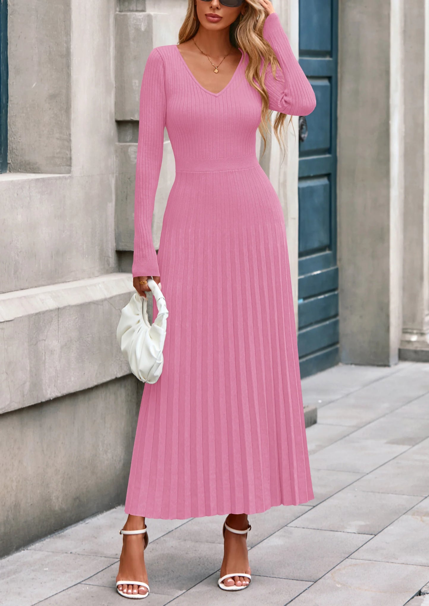 Women Sweater Dress Fall Fashion Long Sleeve V Neck Ribbed Knit Pleated A Line Elegant Maxi Winter Dresses