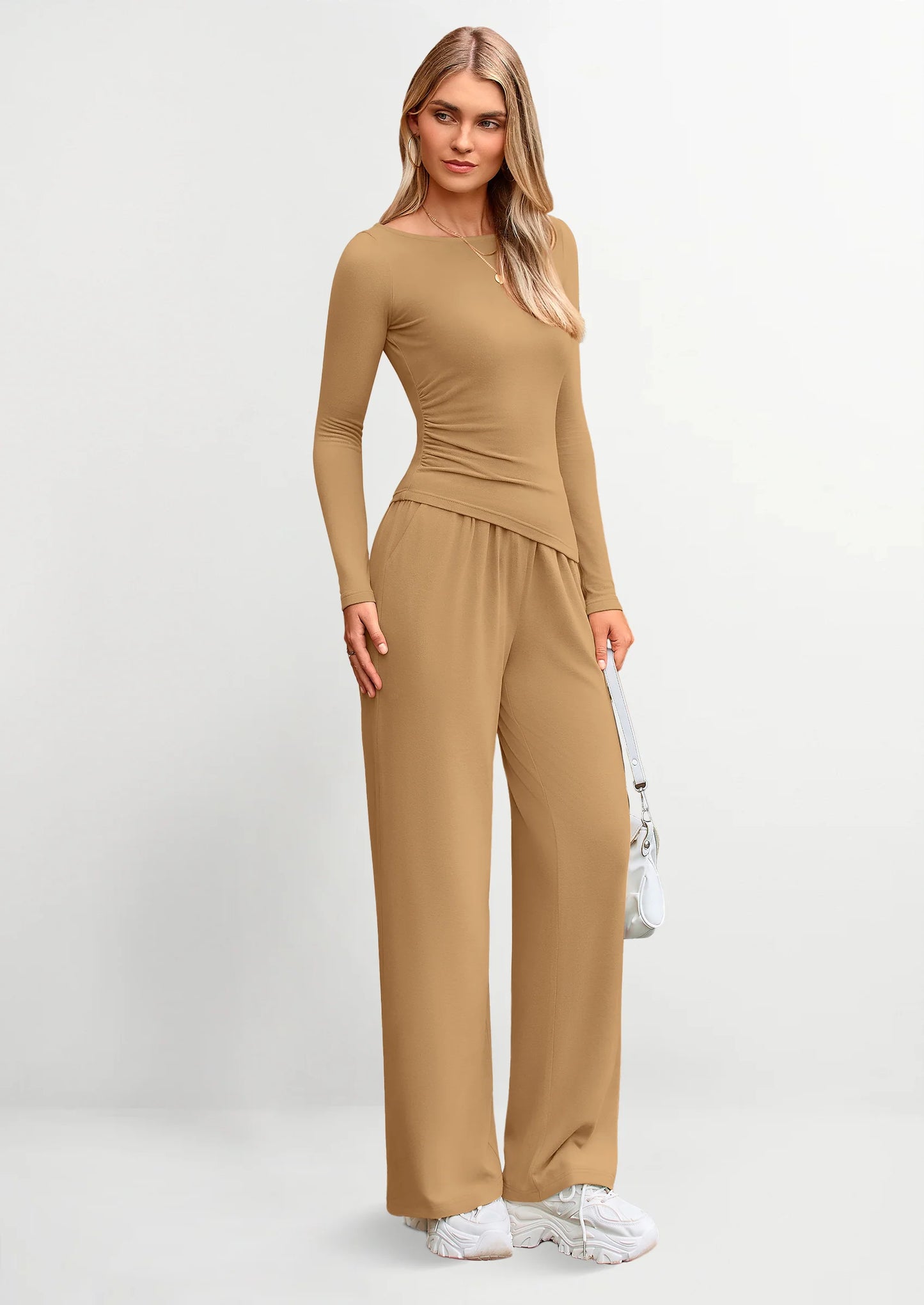 Women's 2 Piece Lounge Sets Asymmetrical Long Sleeve T Shirt Wide Leg Pants Casual Outfits Tracksuit