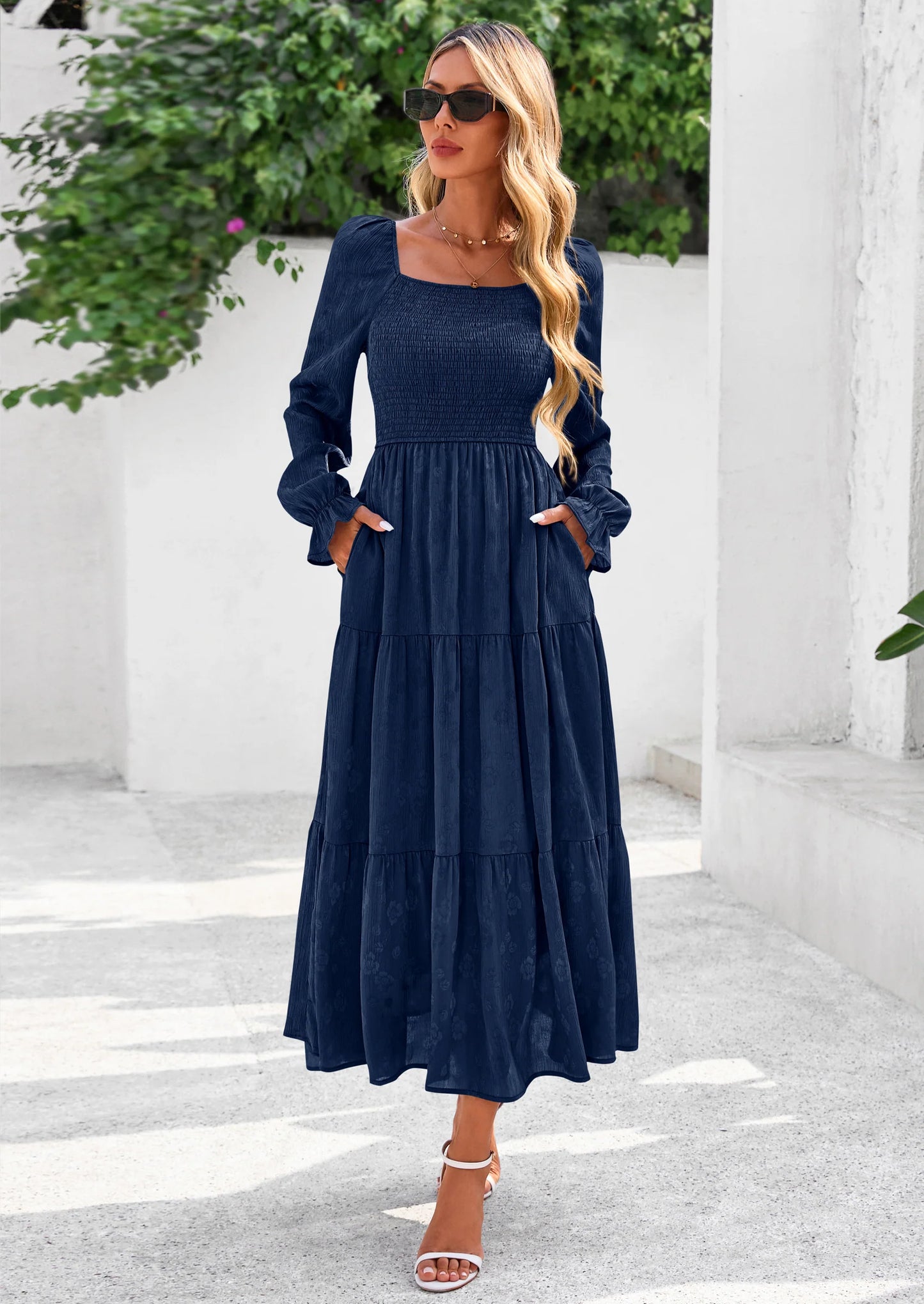 Fall Wedding Guest Dresses for Women Floral Long Sleeve Smocked Tiered Elegant Long Flowy Boho Dress