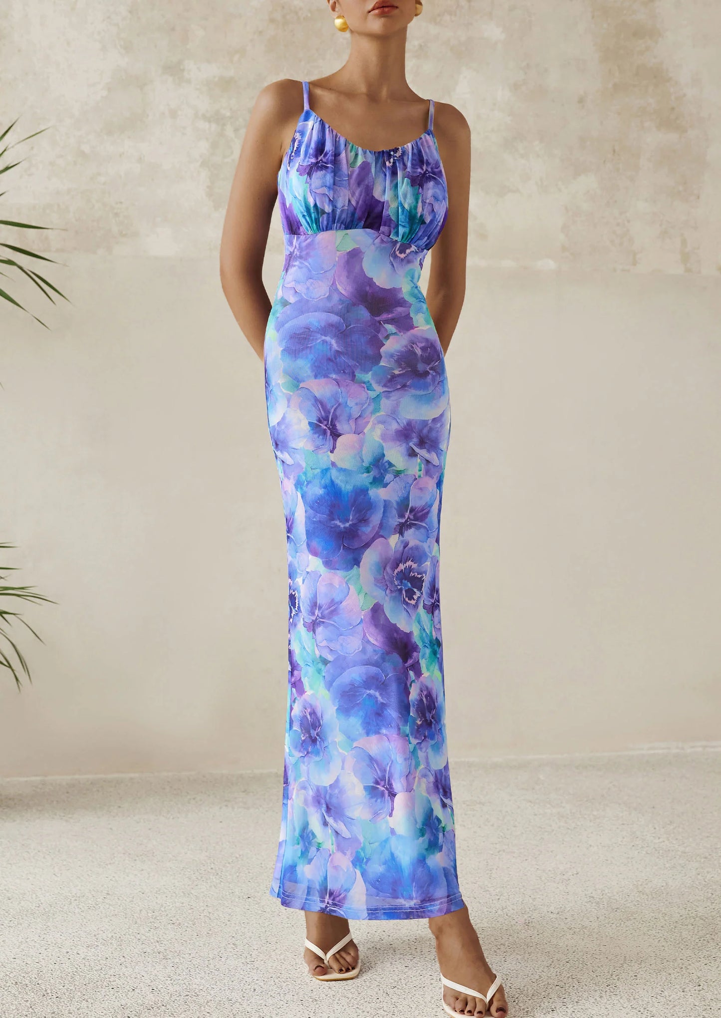 Women's Bodycon Maxi Dress Floral Sundress Sleeveless Spaghetti Strap Cocktail Party Dress