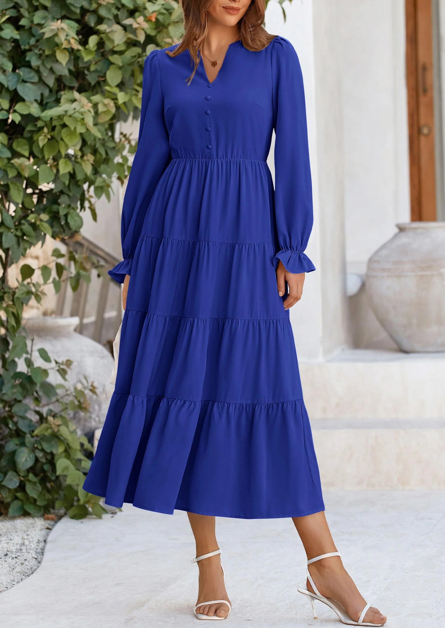 Women Fall Long Sleeve Smocked Maxi Dress Casual Square Neck Swiss Dot Tiered Ruffle Flowy Spring Pocket Dresses
