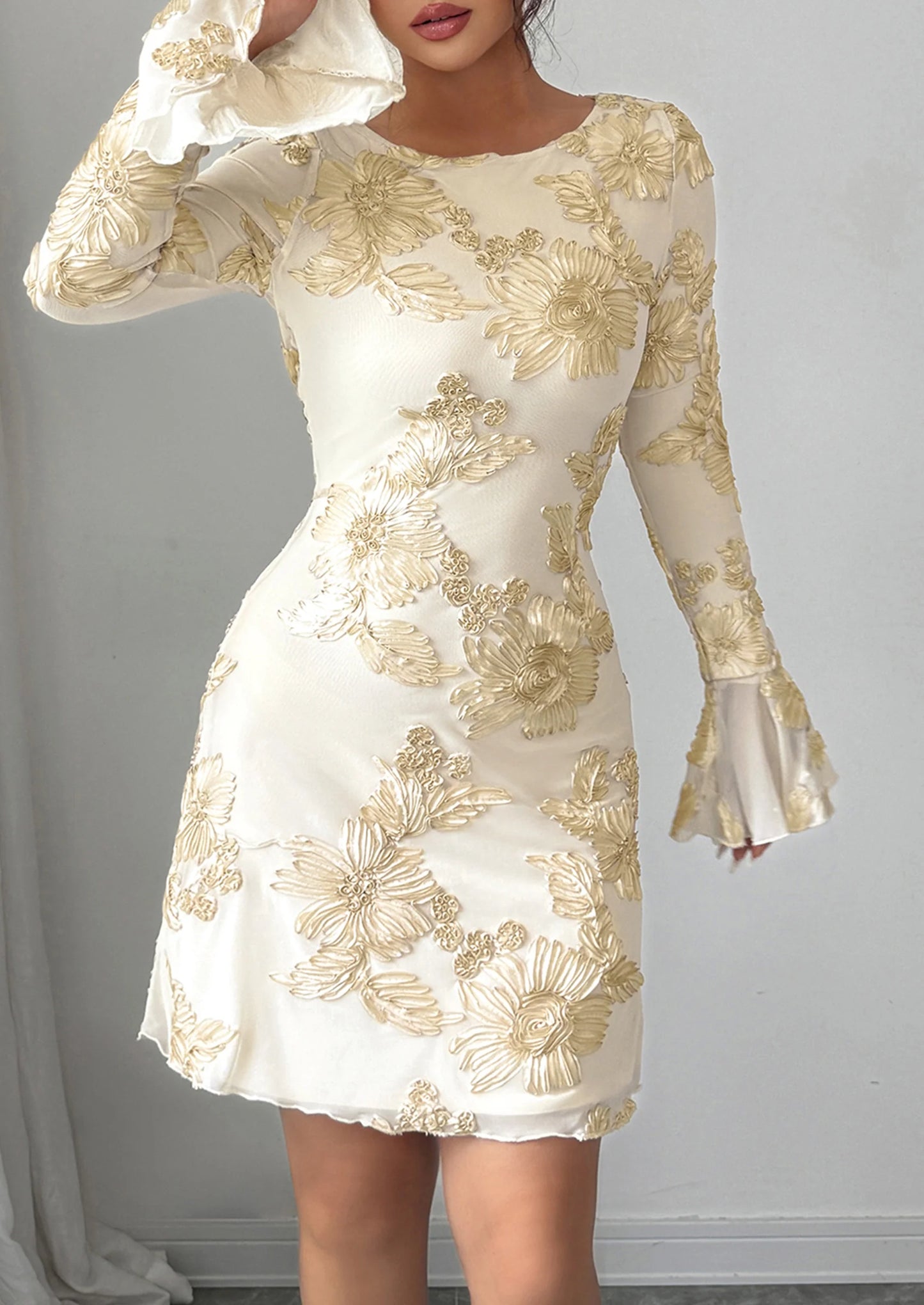 Women's Floral Embroidered Dress Fall Long Bell Sleeve Ribbon Flower Mini Short Mesh Bodycon Party Dresses