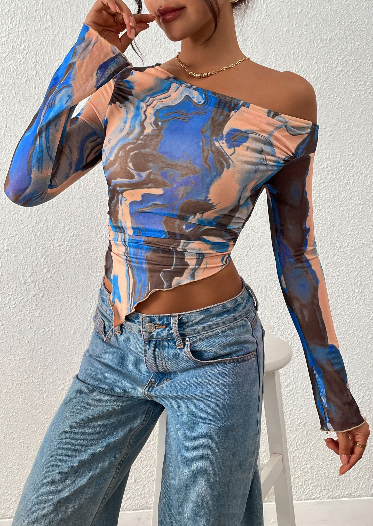 Womens Fall Trendy Off Shoulder Tops Tie Dye Mesh Long Sleeve Shirts Asymmetrical Ruched Floral Blouse