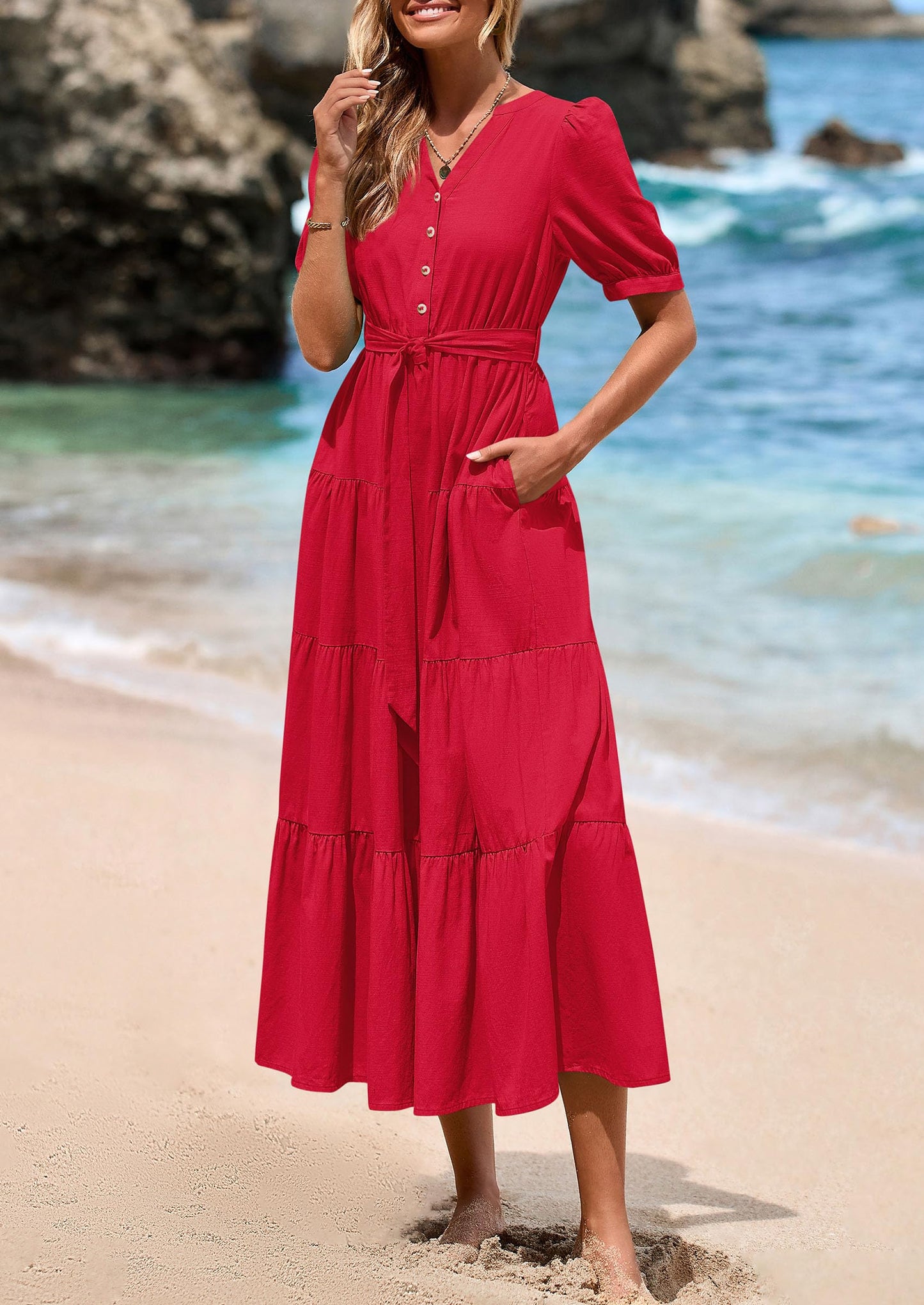 Women's Midi Dress Casual Short Sleeve V Neck Buttons Belted Ruffle A Line Flowy Dress with Pockets